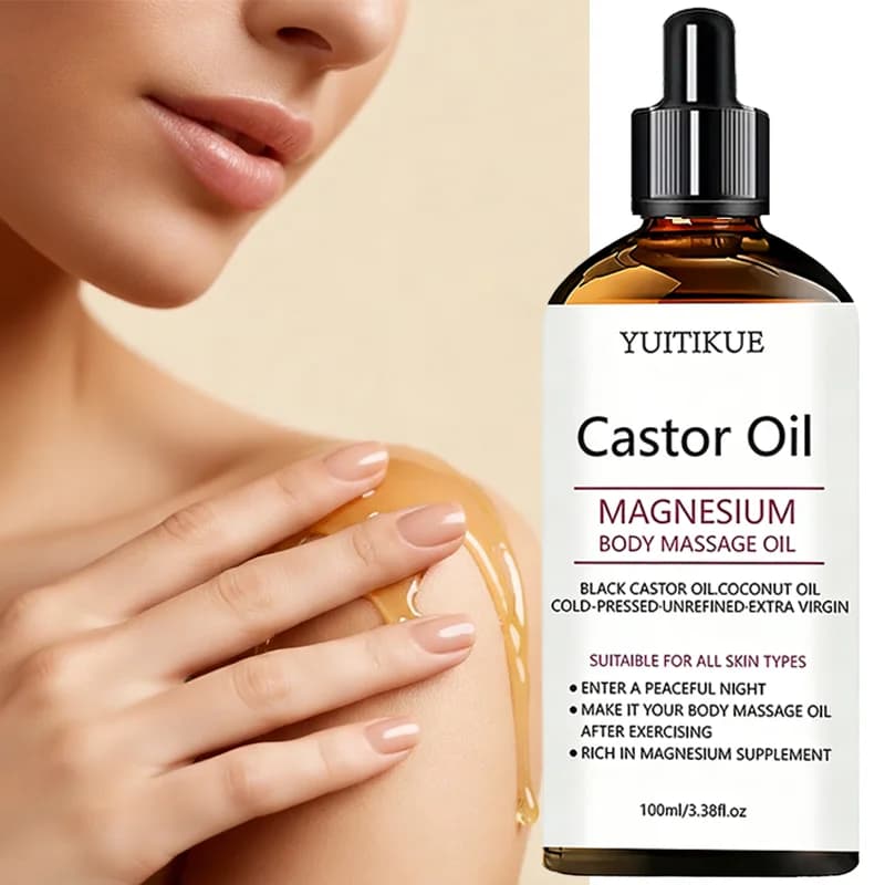Huile de massage corporelle au magnésium et à l'huile de ricin YUITIKUE |   Huile de ricin noire et huile de noix de coco |   Soin relaxant pour la peau après l'exercice 100ml