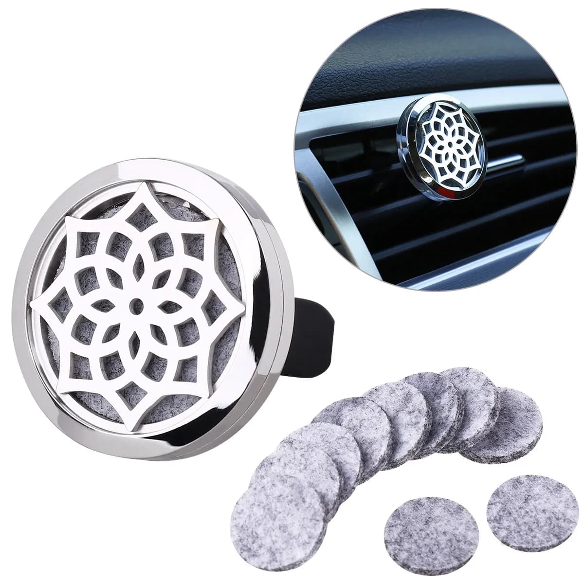 Diffuseur de parfum pour voiture en acier inoxydable 316L, motif tournesol, avec 10 tampons de rechange en feutre lavables pour une fraîcheur durable