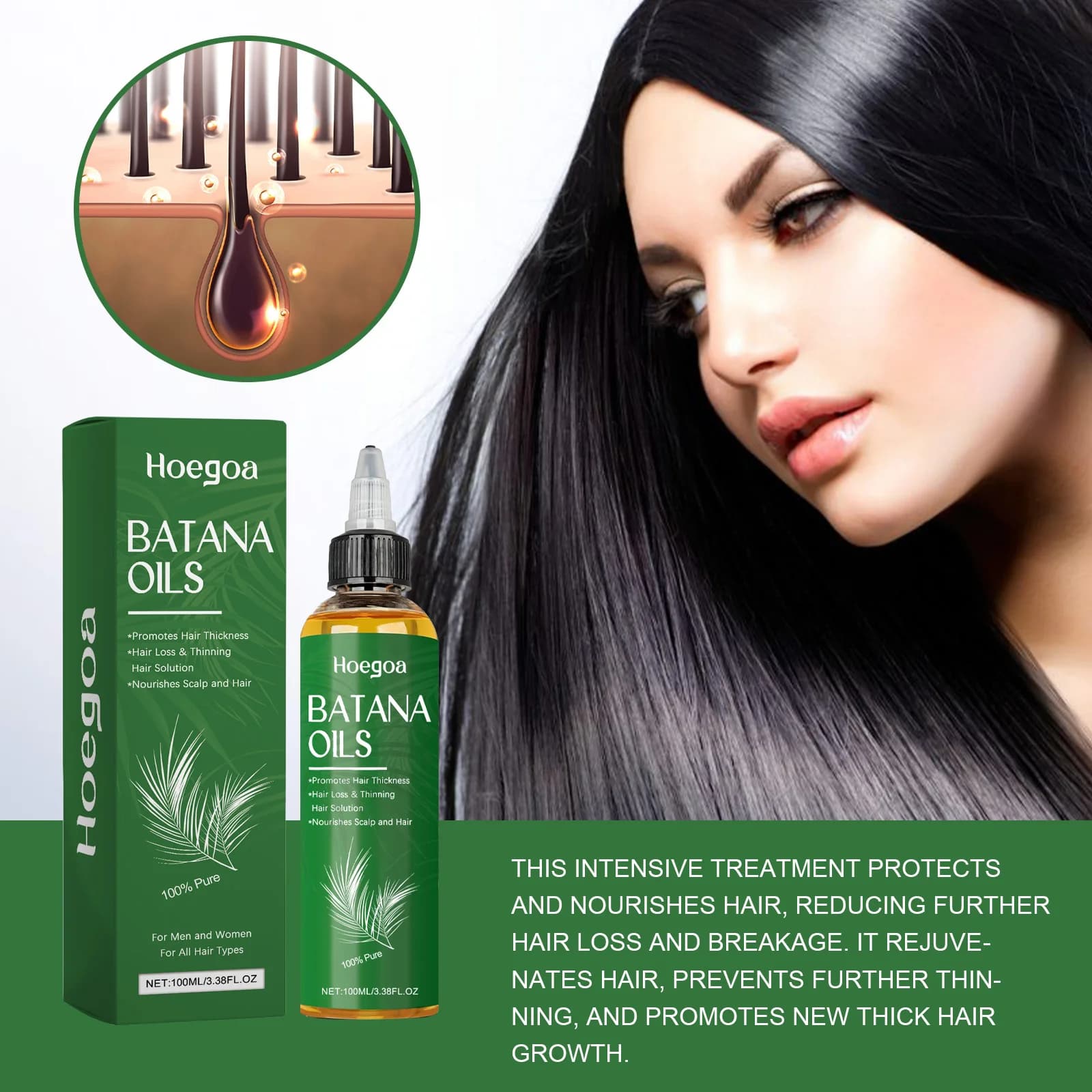 Huile pour la repousse des cheveux, prévient la casse des cheveux, améliore la santé du cuir chevelu, renforce les racines des cheveux, stimule l'activité des follicules, nourrit le cuir chevelu