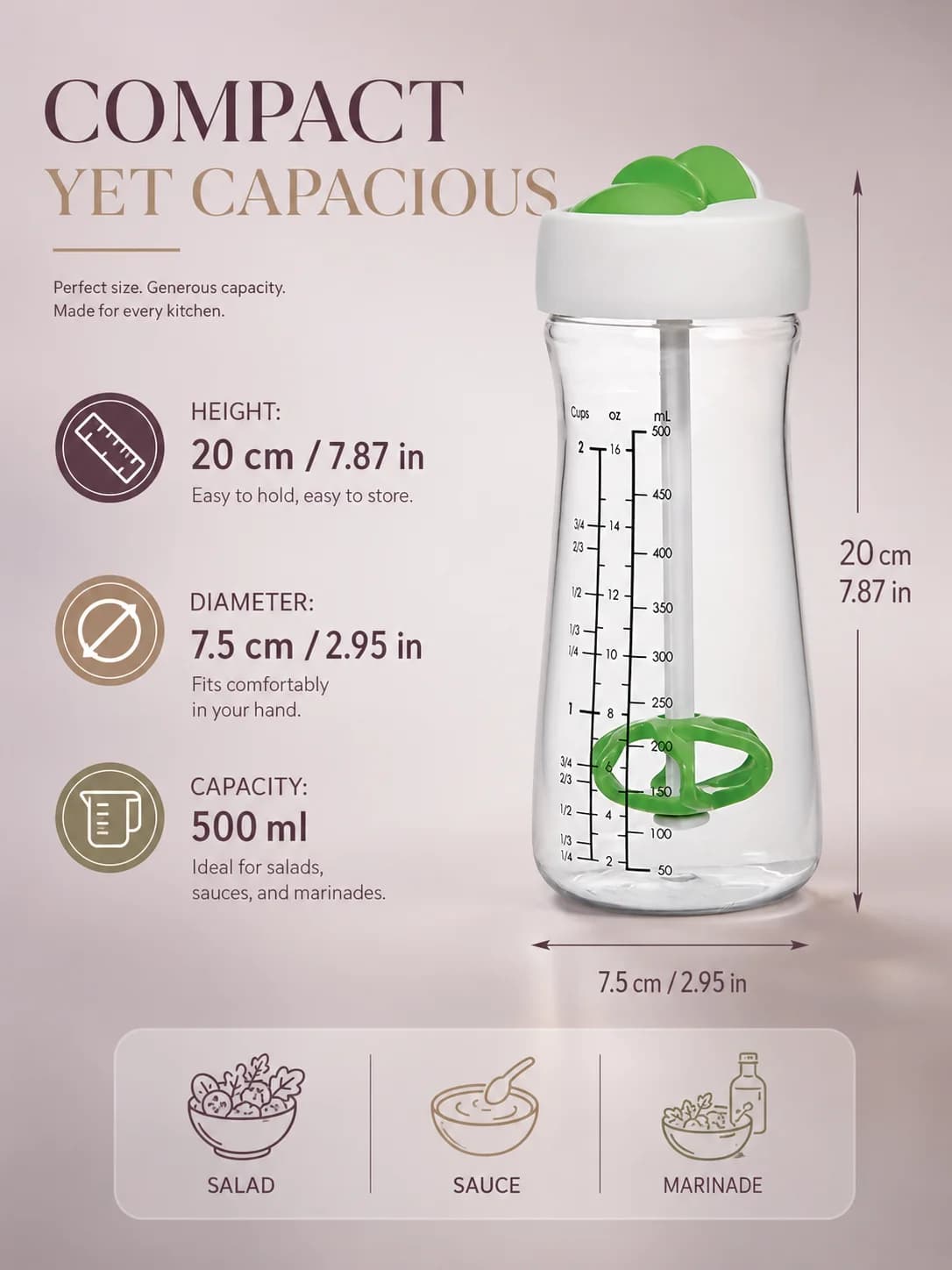 Bouteille shaker pour vinaigrette avec échelle graduée