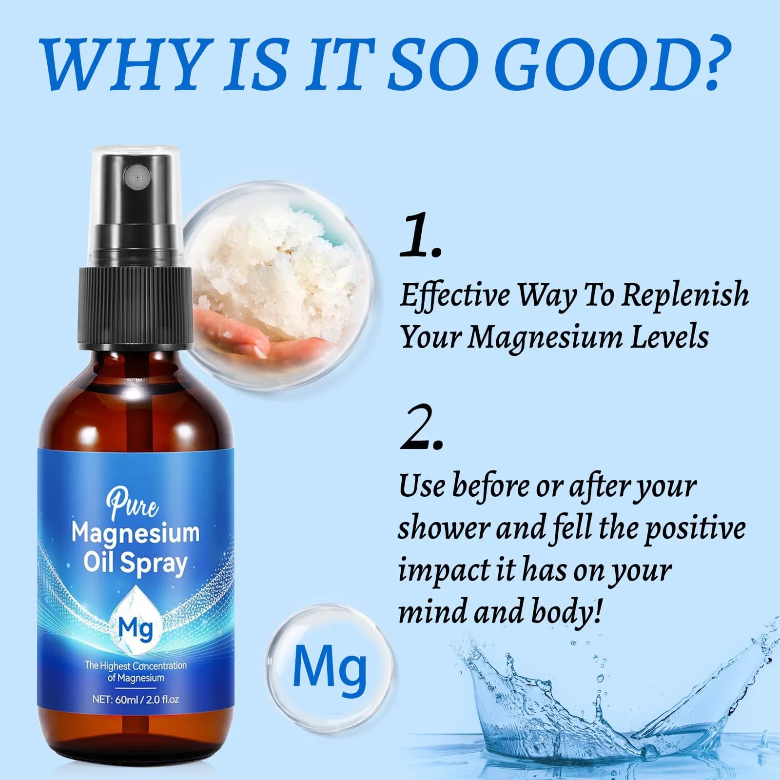 Huile de magnésium naturelle 60 ml - 10% de concentration minérale la plus élevée pour les soins de la peau et du corps. Spray à formule de chlorure à absorption rapide.