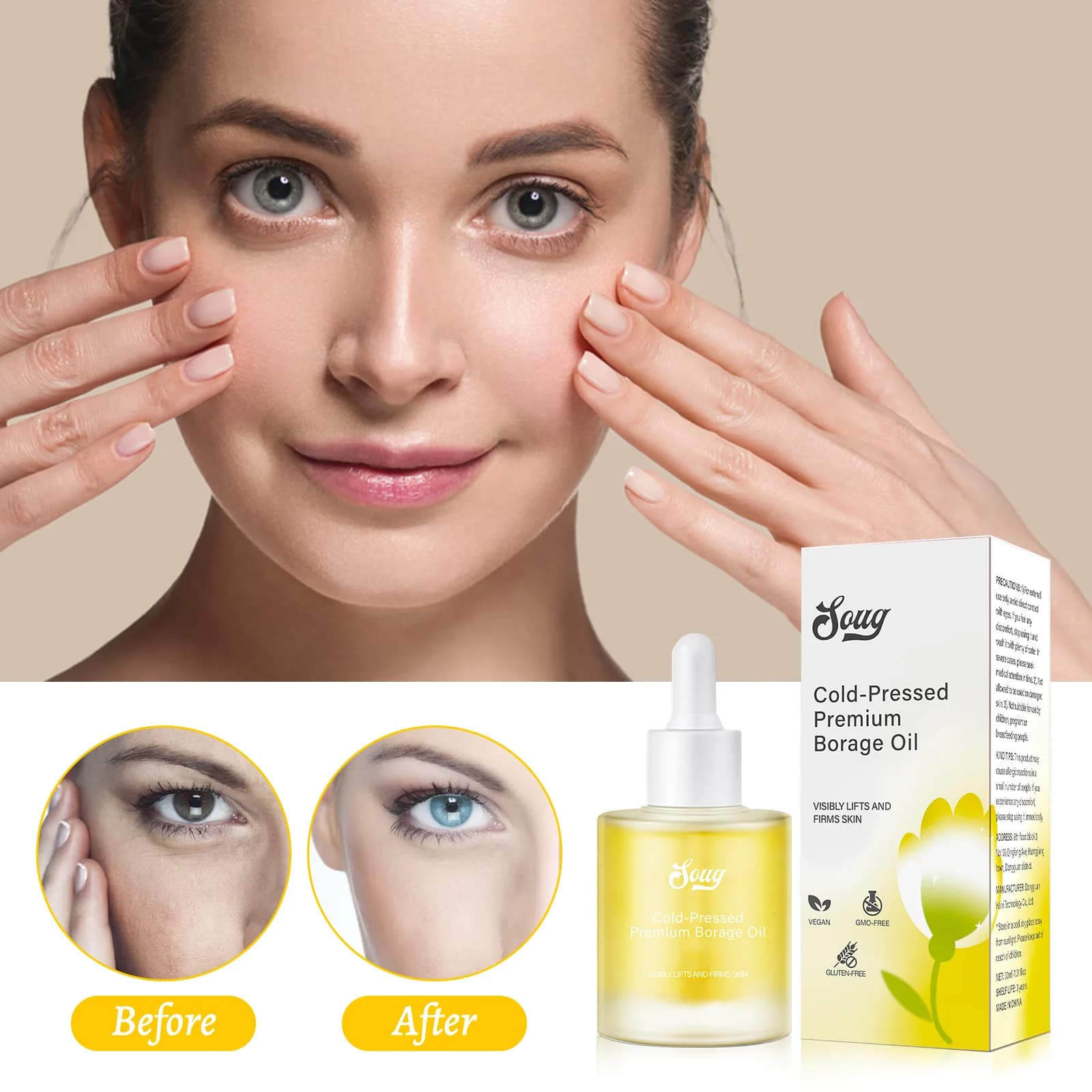 Huile de Borage pressée – Huile pour le visage 100 % pure et naturelle pour le lifting et le raffermissement de la peau, végétalienne, sans OGM, pour l'élasticité et l'éclaircissement. 30 ml