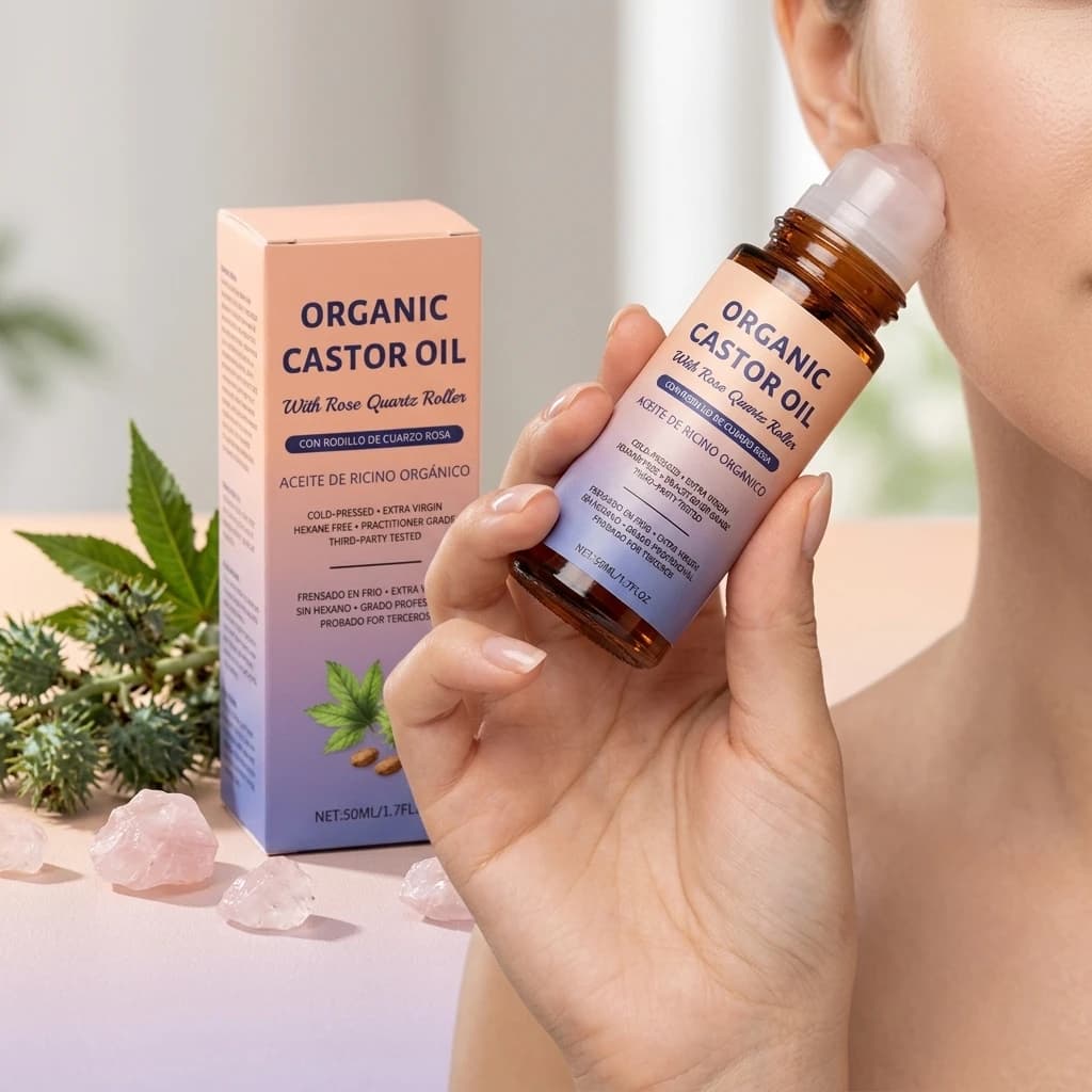 Bille d'essence apaisante à l'huile de ricin avec rouleau en quartz rose – Huile