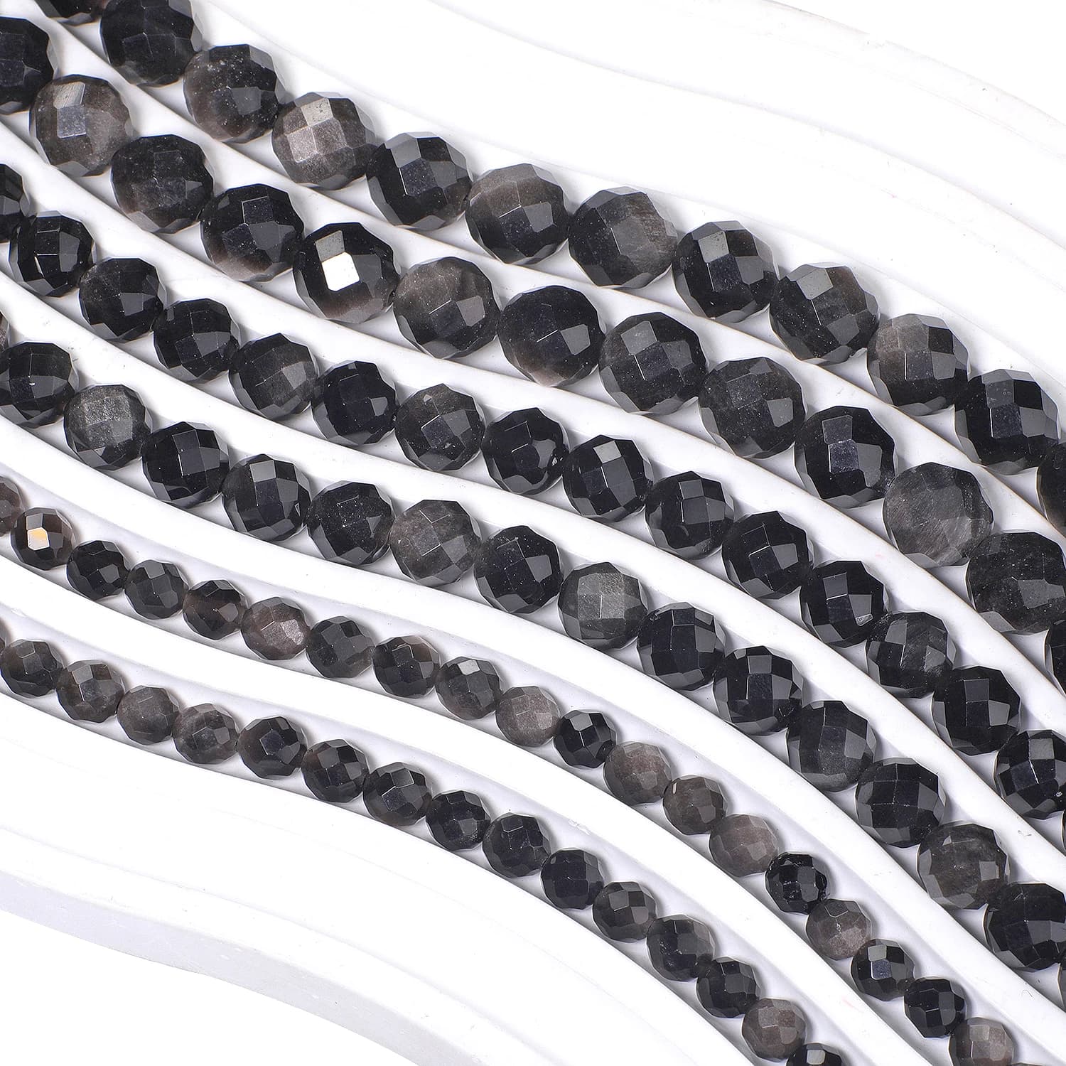 Perles en pierre d'obsidienne couleur argent naturel, 6, 8, 10 mm, facettées, rondes, pour la fabrication de bijoux, accessoires de perlage DIY