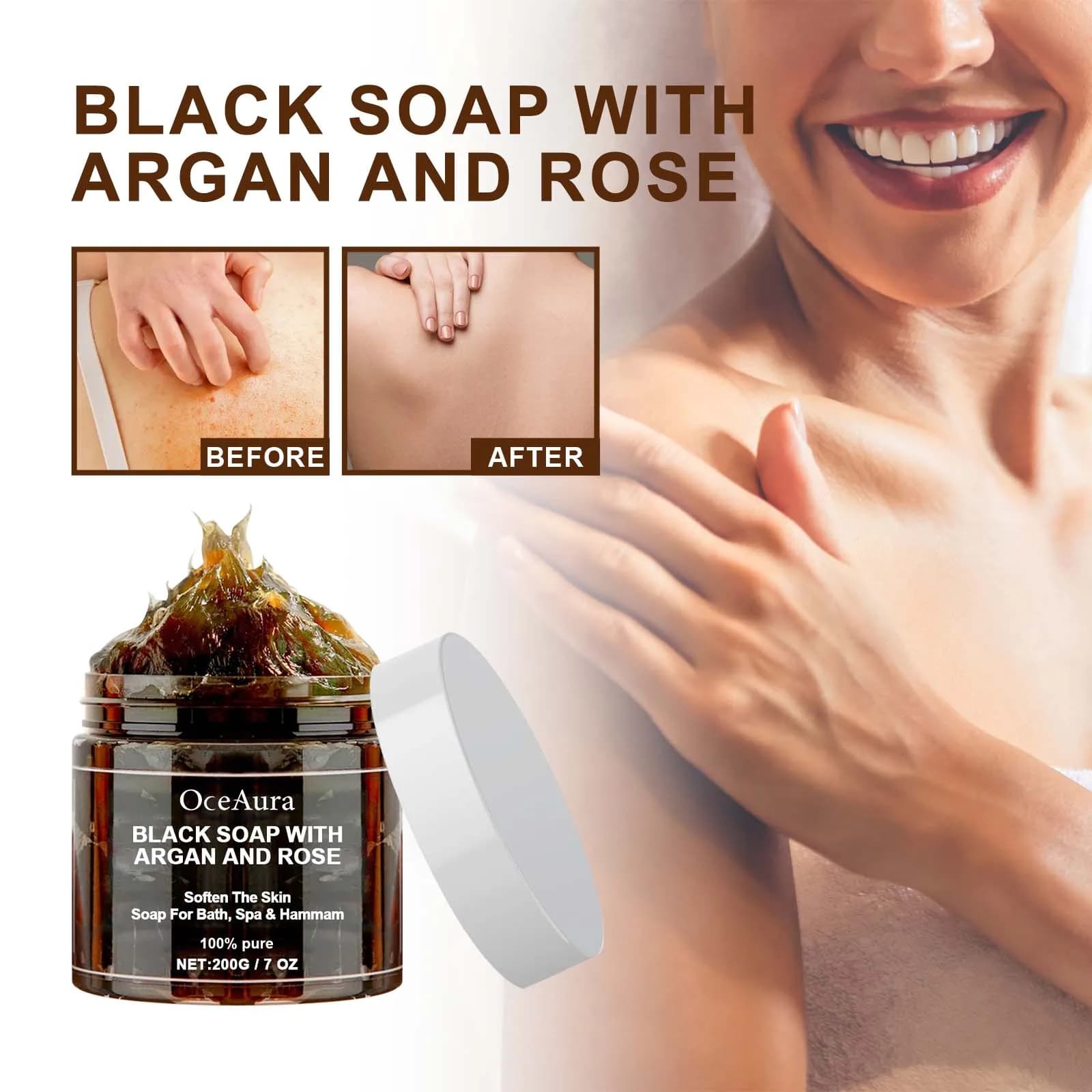 Savon noir OCEAURA à l'argan et à la rose, savon noir Beldi, idéal pour éliminer les peaux mortes, gommage corporel, purification, nettoyage en profondeur, 200g