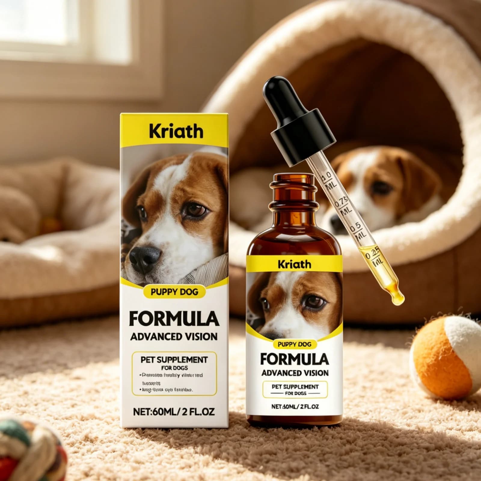 Compléments pour les yeux des chiens Kriath, protection des yeux canins, maintien de la santé, amélioration de l'absorption des nutriments, soutien de la vision des chiens, gouttes 60 ml
