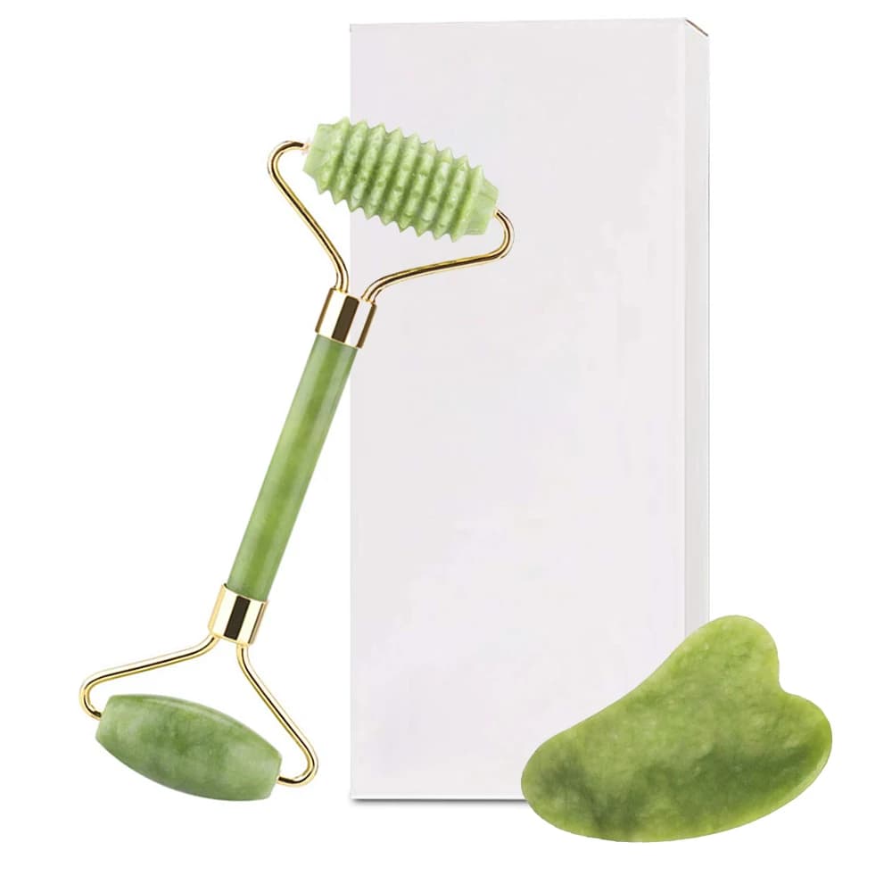 Masseur facial à rouleau de jade de quartz naturel avec planche guasha, kits vert rose noir pour massage au rouleau du visage et du cou