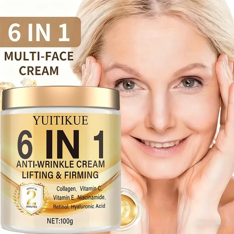 Crème Anti-Rides 6 en 1 : hydrate en profondeur, raffermit la peau, contient des vitamines C et E, au rétinol et à l'acide hyaluronique.