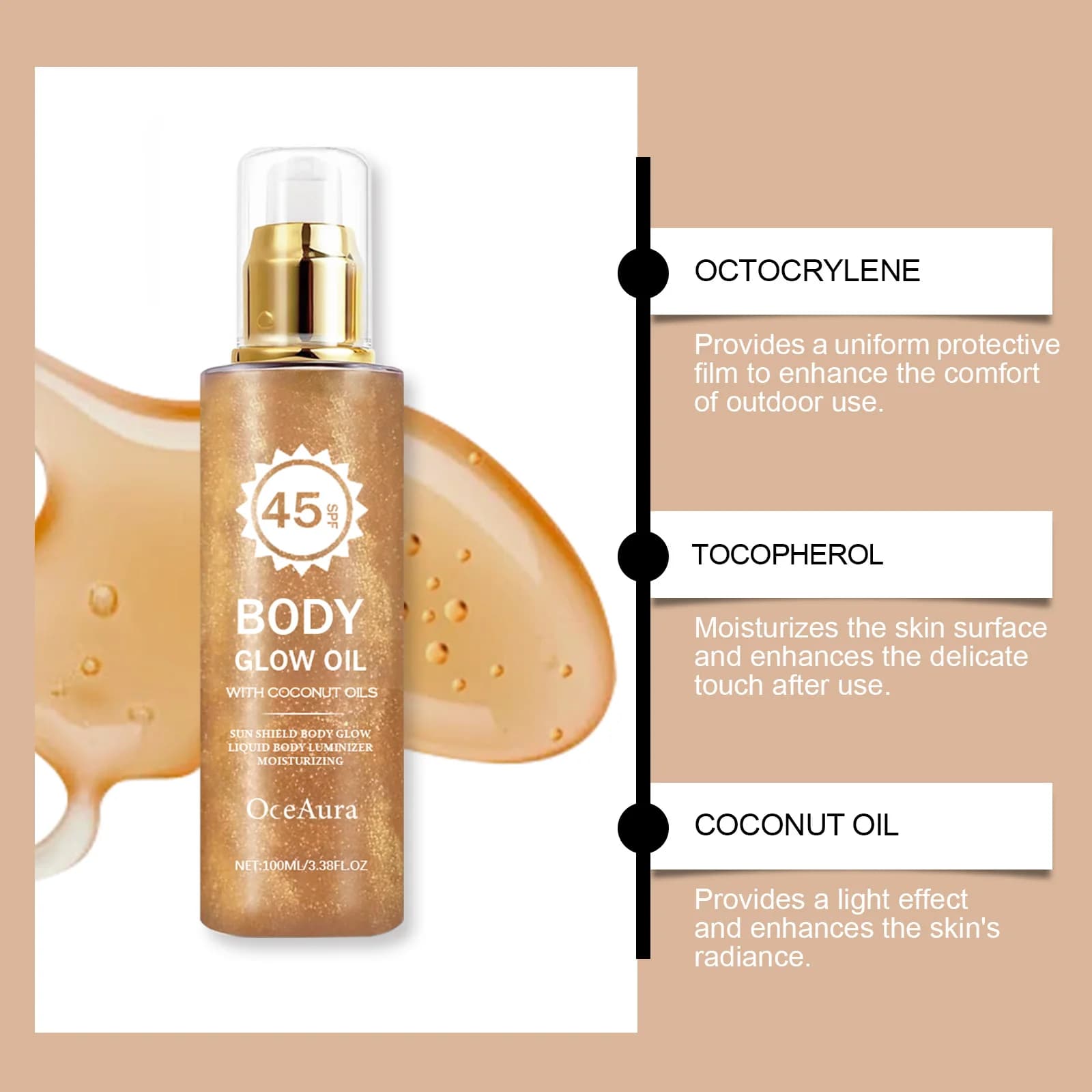 Huile Corporelle Scintillante à la Noix de Coco avec Protection Solaire UV, Huiles Solaire Légères et Imperméables, Non Grasses, pour la Plage, l'Été et les Activités de Plein Air