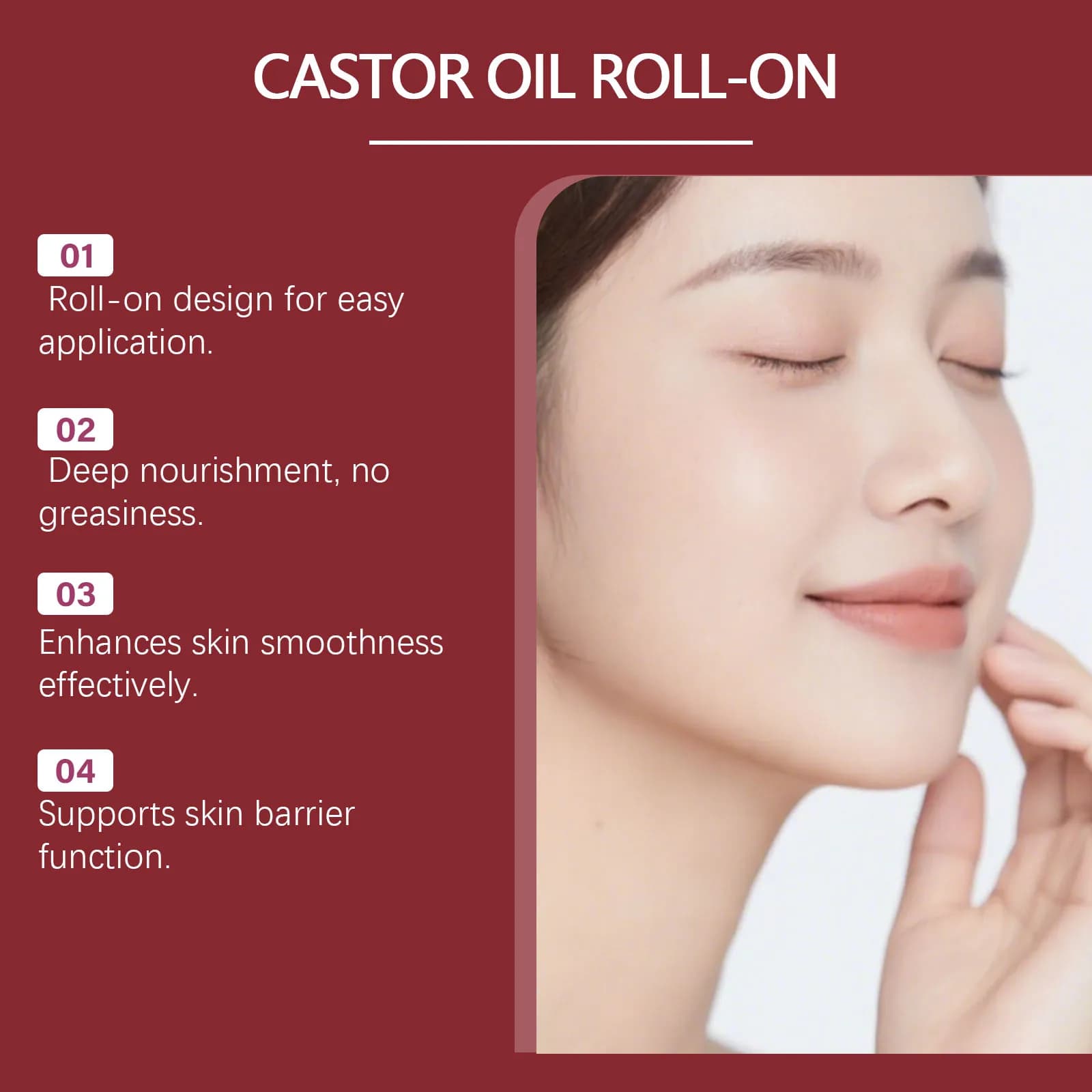 Sérum Roll-On à l'Huile de Ricin Naturelle, Hydratant, Lissant et Apaisant pour la Peau, Bille de Massage, Hydratation et Nutrition, Soin du Visage 30ml