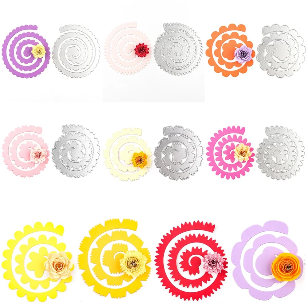 Grand ensemble de matrices de découpe en métal à bord de fleur roulé, guirlande de roses roulantes en spirale 3D, pour bricolage, fabrication de cartes en papier pour la fête des mères
