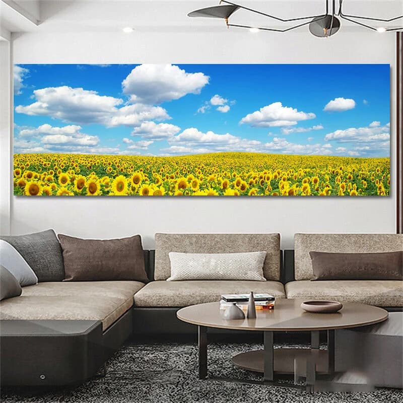 Affiches et impressions de champ de fleurs, peinture sur toile de tournesol HD, art mural floral jaune, décoration de chambre à coucher