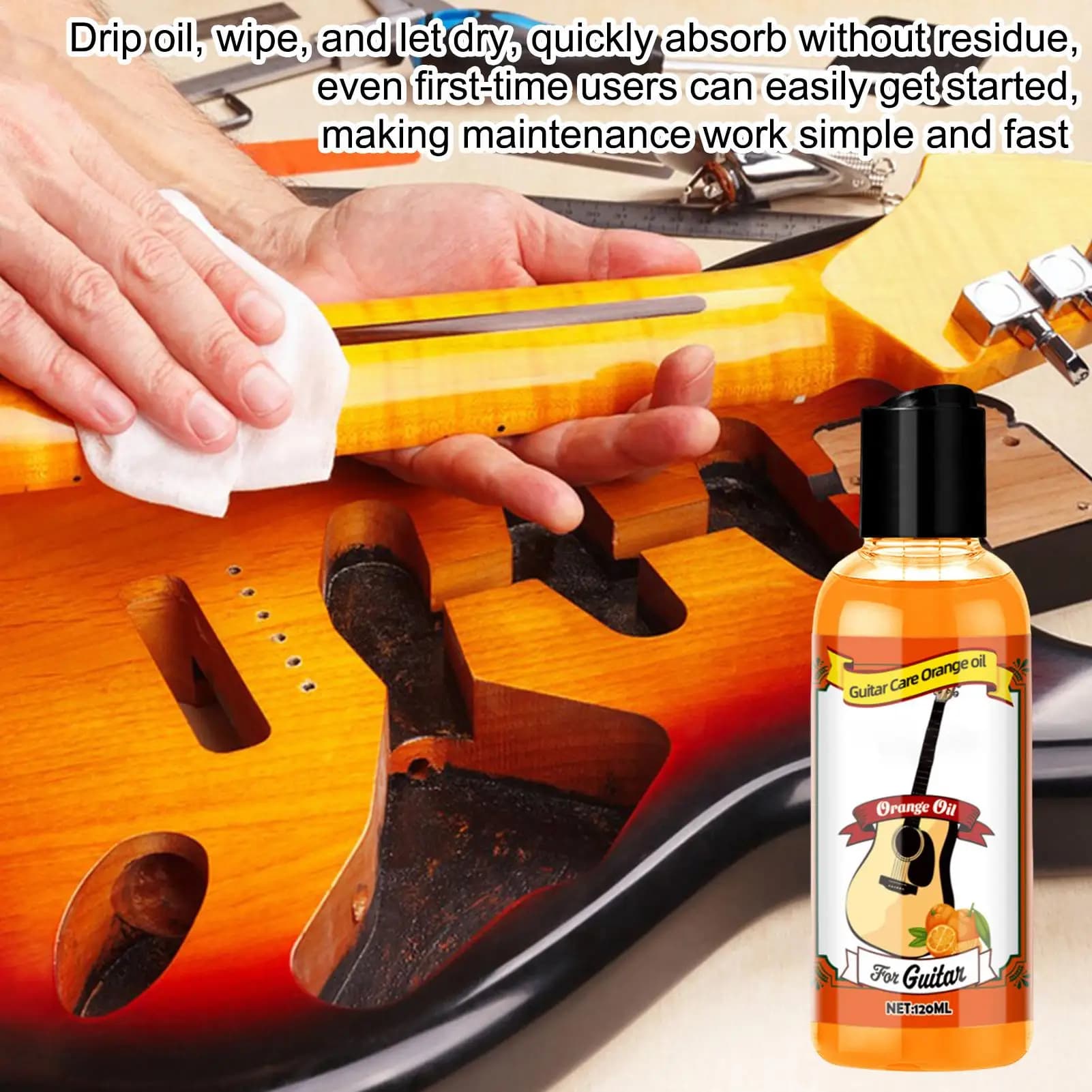 Huile de polissage polyvalente avec chiffon de nettoyage, 120ml, pour guitare, ukulélé, cordes de violon, nettoyage et entretien de la touche
