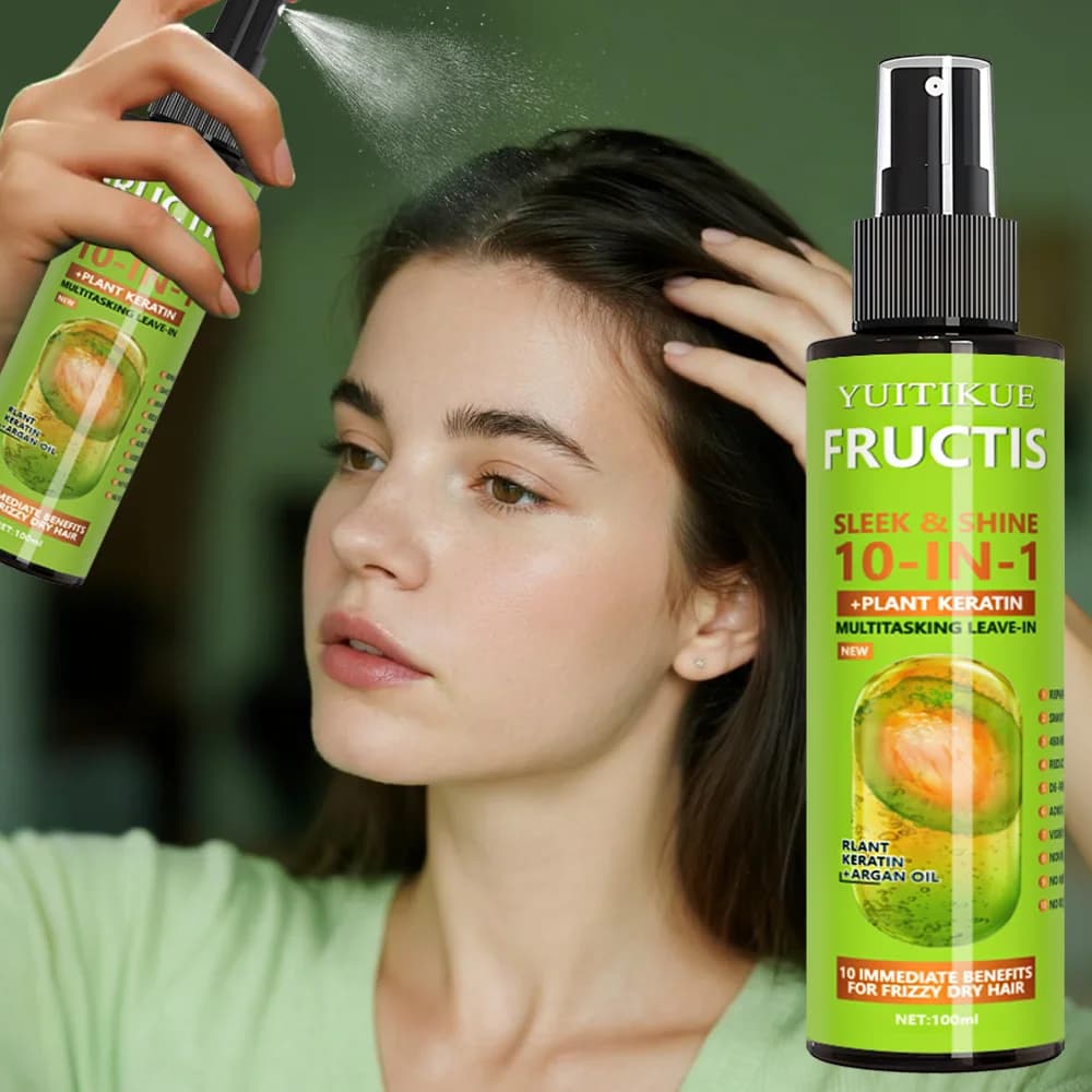 Spray sans rinçage à l'huile d'argan et à la kératine végétale, traitement capillaire multi-bénéfices pour des cheveux lisses et brillants