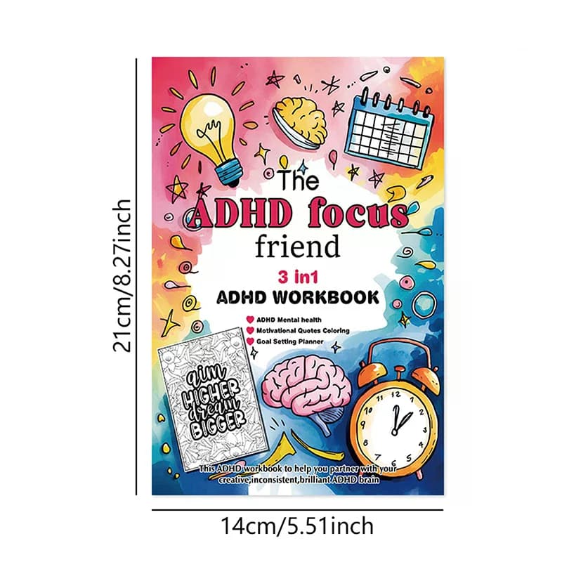Le cahier d'exercices 3 en 1 pour le TDAH Focus Friend, planificateur d'objectifs de santé mentale avec activités et illustrations, livre de coloriage pour adultes