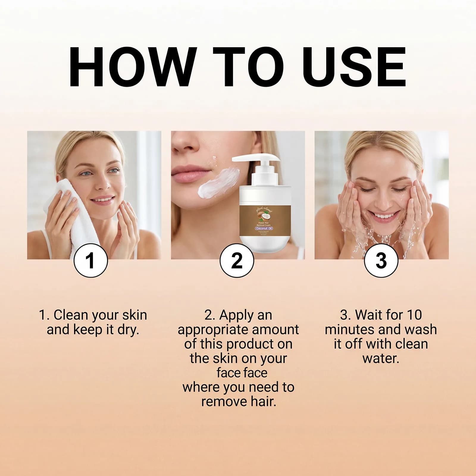 Crème dépilatoire à l'huile de coco pour le visage, épilation rapide, sans douleur, nourrissante, peau lisse, formule douce, non grasse, pour peaux sèches, 100g