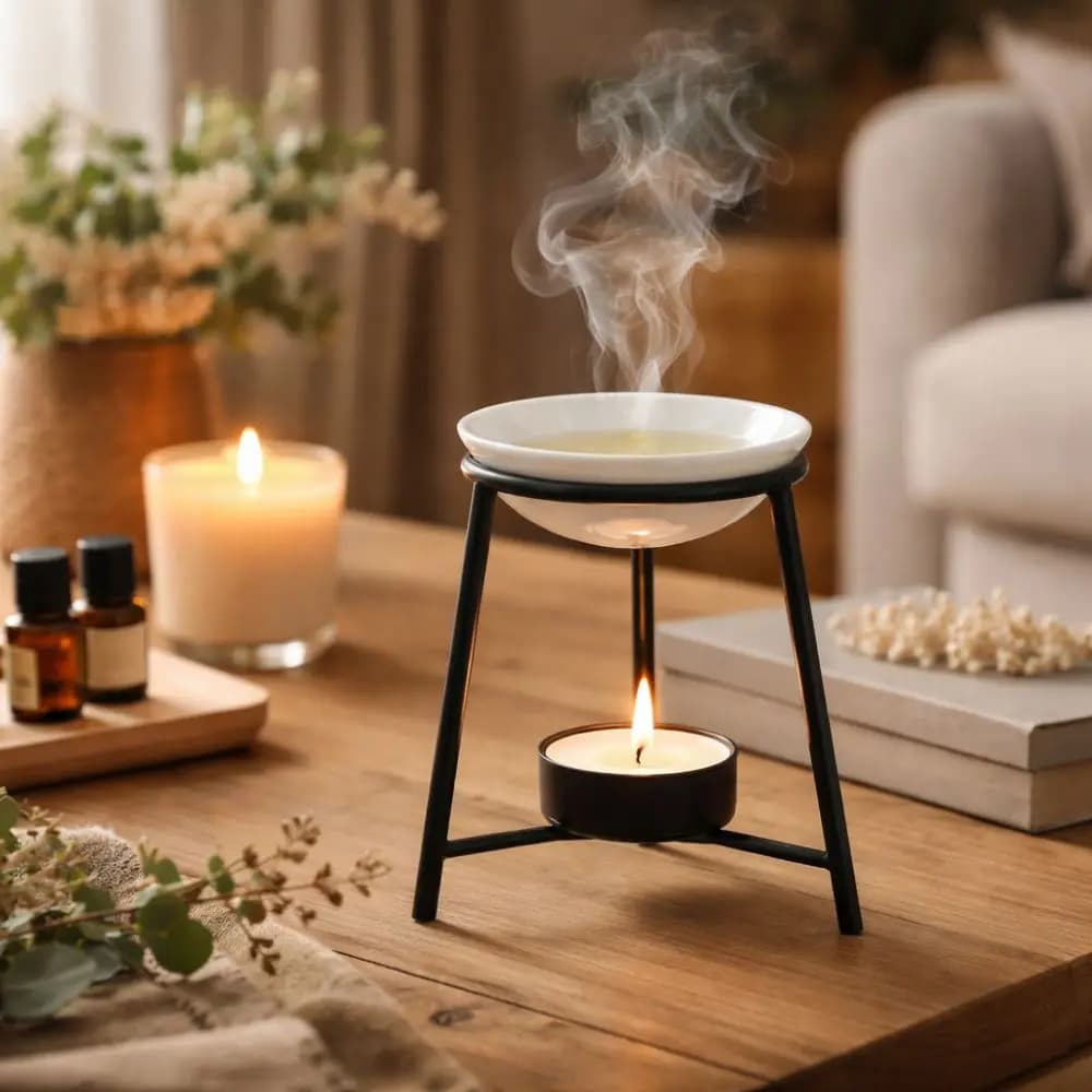 Brûleur d'aromathérapie en céramique avec base en fer ajourée, diffuseur d'huiles essentielles, support métallique romantique, chauffe-cire pour bougies, idéal pour le bureau