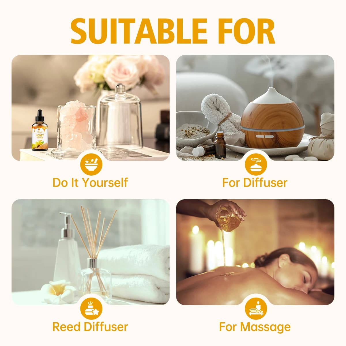 Huile essentielle de miel, hypoallergénique, idéale pour les soins de la peau, le massage, le visage, le corps, les ongles et les cheveux, adaptée à tous types de peau.