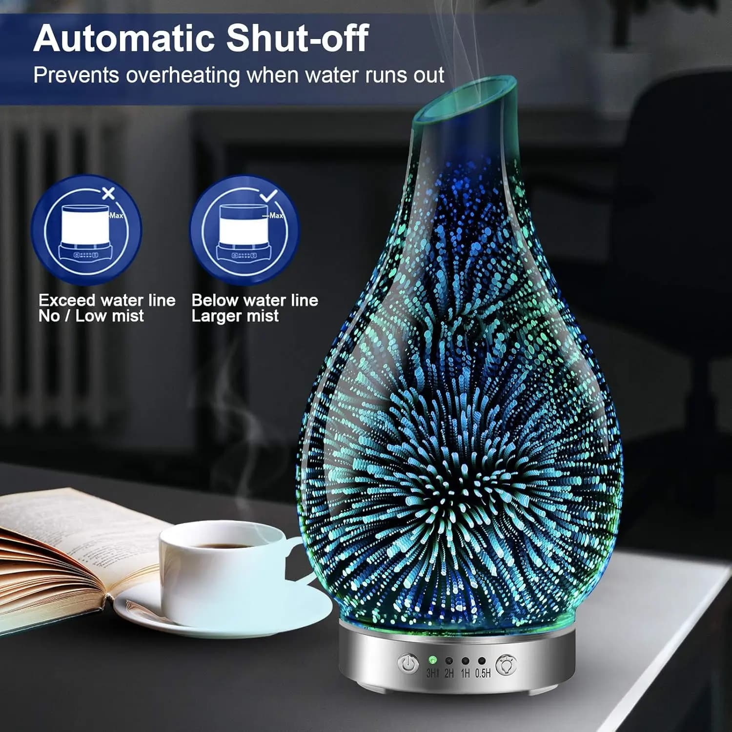 Nouveau diffuseur d'huiles essentielles ultrasonique 3D en verre 2026, mise à niveau, arrêt automatique, réglage de la minuterie