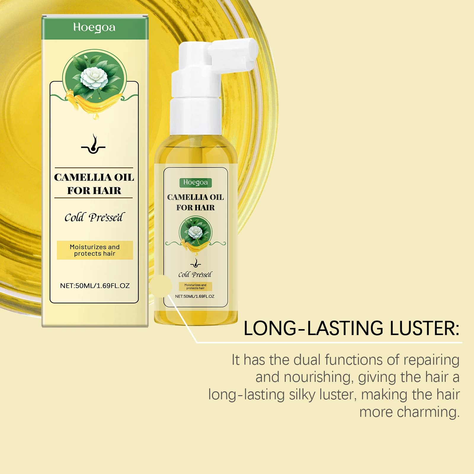 Spray réparateur d'huile capillaire de camélia, pour contrôle des frisottis secs et endommagés, après-shampooing nourrissant avec traitement capillaire à l'huile de graines de camélia