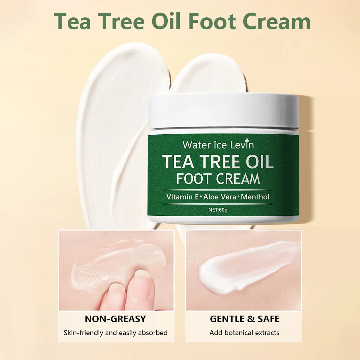 Crème pour les pieds à l'huile d'arbre à thé Water Ice Levin – Vitamine E Aloe Vera Menthol Ralent les pieds Non gras Absorption rapide Filet de 60 g