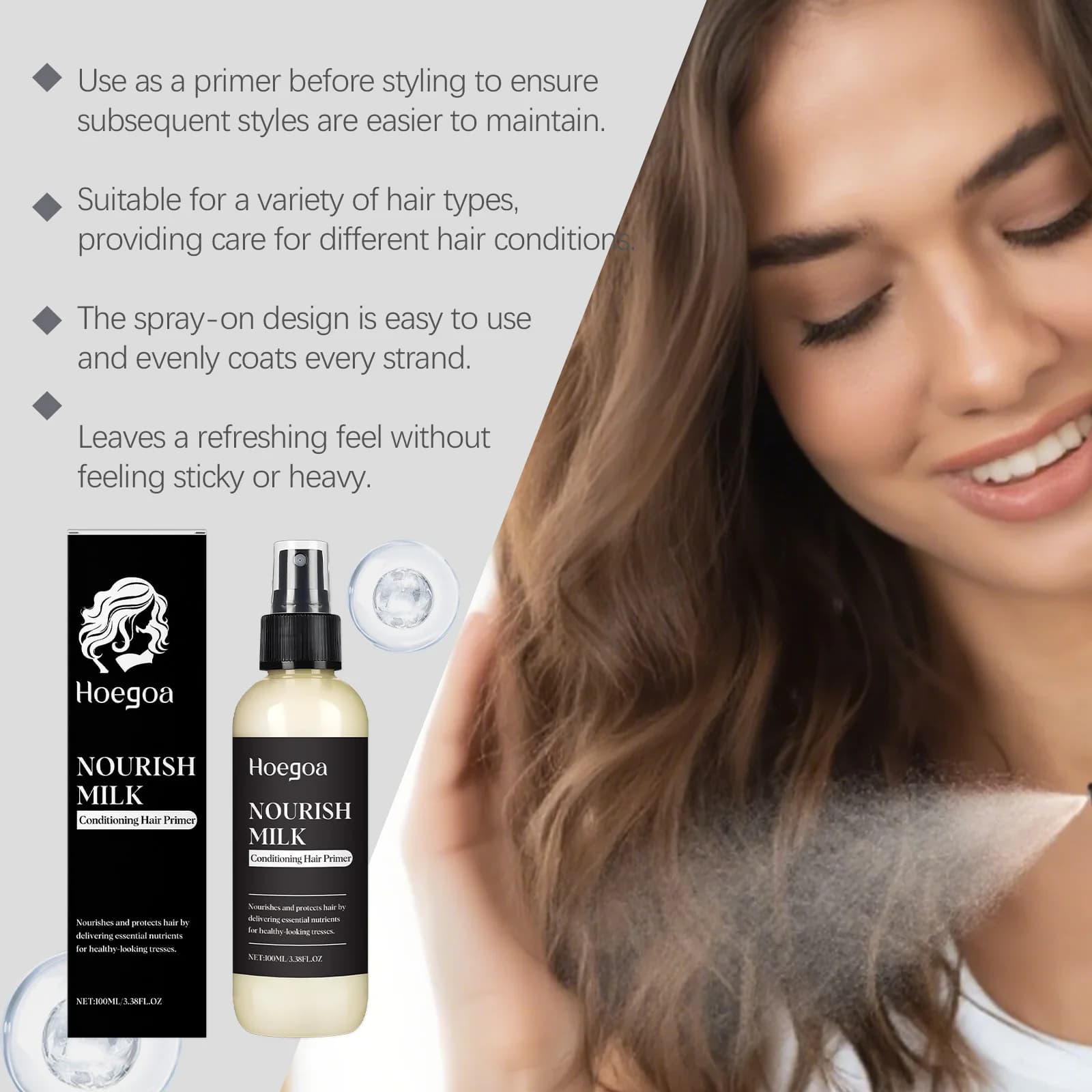 Lait sans rinçage dans les cheveux, avec extrait d'avoine, huile d'olive pour hydratation, brillance, Protection thermique, brume démêlante légère, sans rinçage