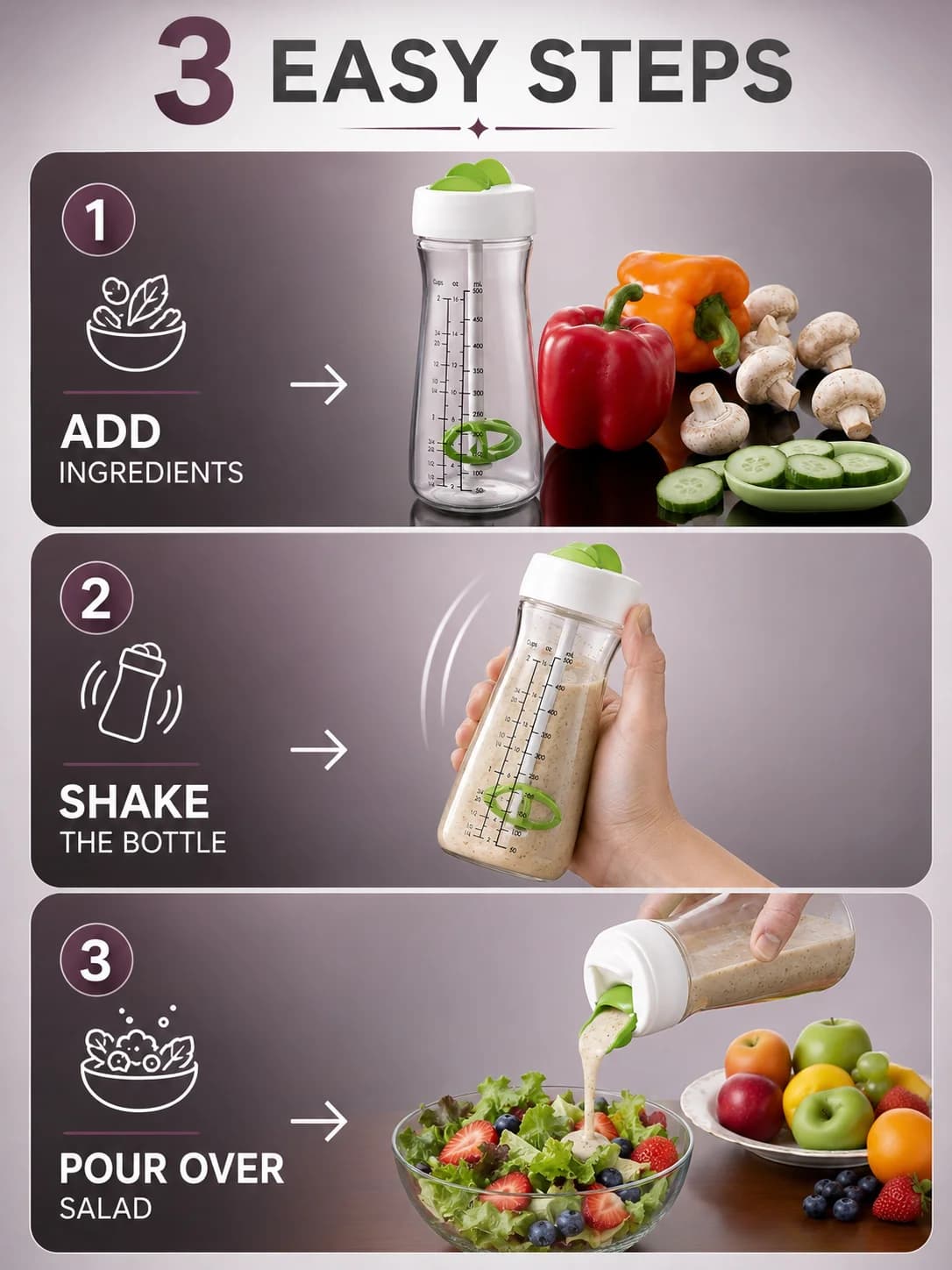 Bouteille shaker pour vinaigrette avec échelle graduée