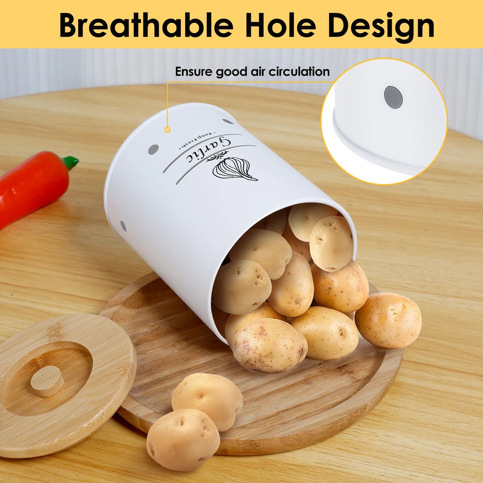Pot de rangement pour gardien d'ail, boîte de rangement polyvalente pour oignon, pomme de terre, ail avec couvercle en bois, récipients alimentaires avec trous d'aération pour la maison