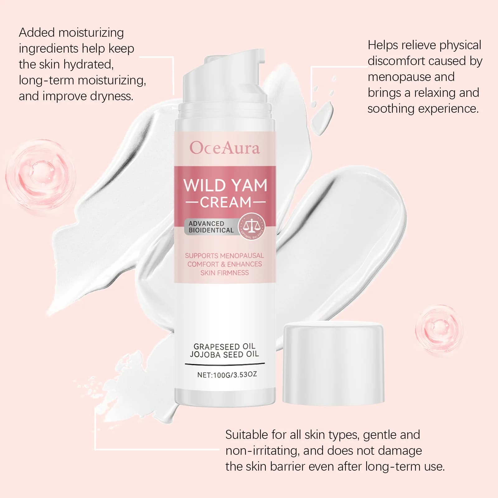 Crème Yam sauvage pour l'équilibre des hormones, apaisante pour la ménopause, réduit les flashs chauds, soutien de l'équilibre du corps des femmes, crème de soulagement du progesterone
