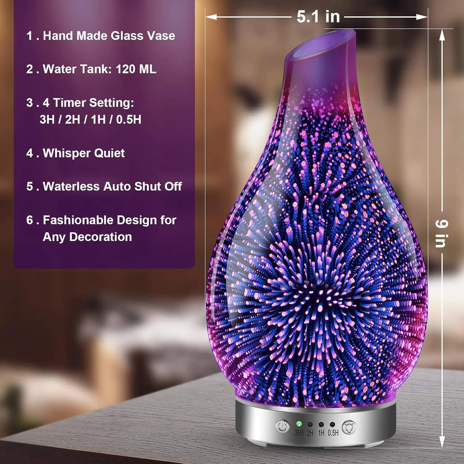 Nouveau diffuseur d'huiles essentielles ultrasonique 3D en verre 2026, mise à niveau, arrêt automatique, réglage de la minuterie