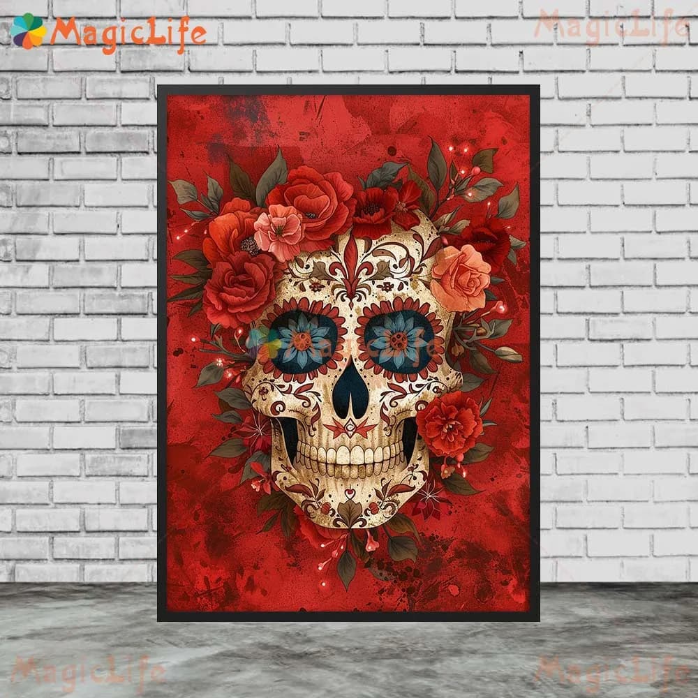 Affiches murales de crâne de fleur, le jour des morts au mexique, images murales pour salon, guitare, peinture sur toile d'art mural sans cadre