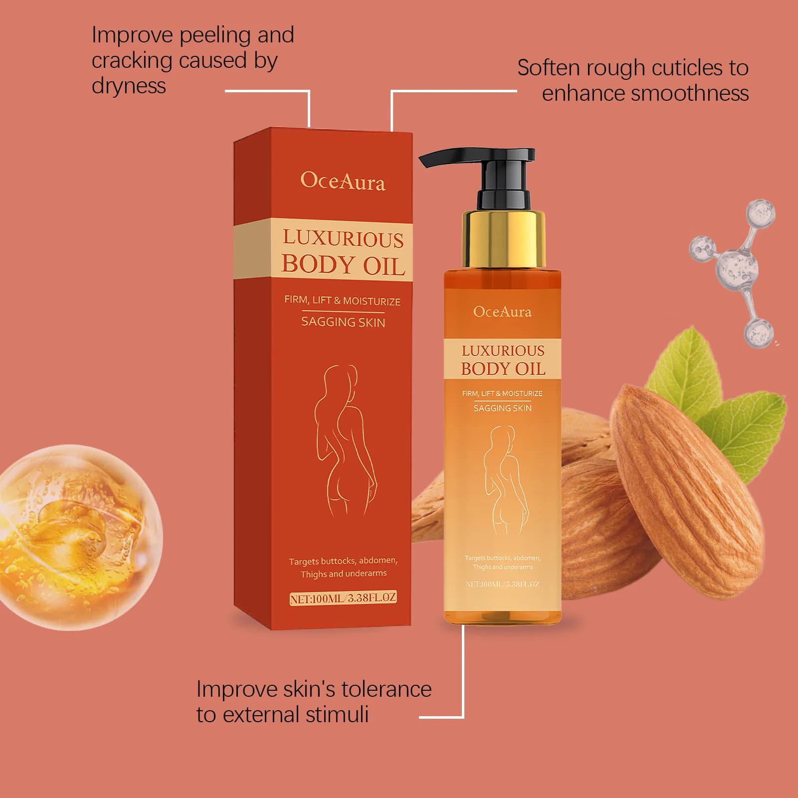 Huile corporelle Lifting et raffermissante, raffermit la peau affaissée, hydratant en profondeur, peau sèche, réparatrice, adoucit, magique, huile nourrissante de luxe, 100ml