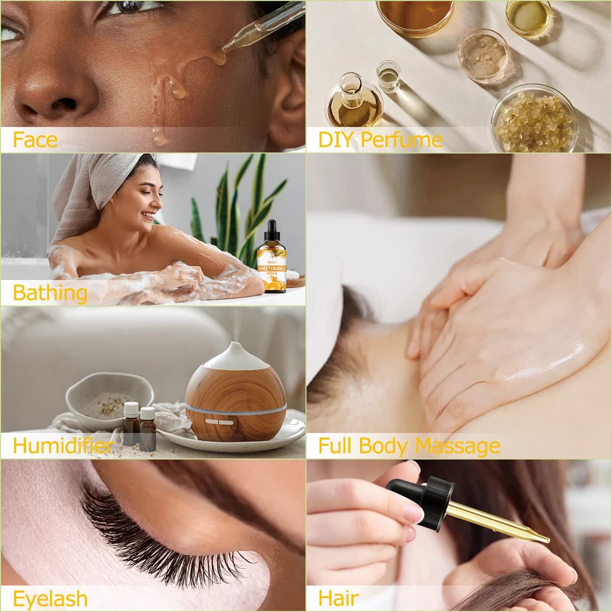 L'huile essentielle d'orange douce est utilisée pour les soins de la peau, le massage, le bain et l'aromathérapie. Il convient pour le visage, le corps et les ongles.