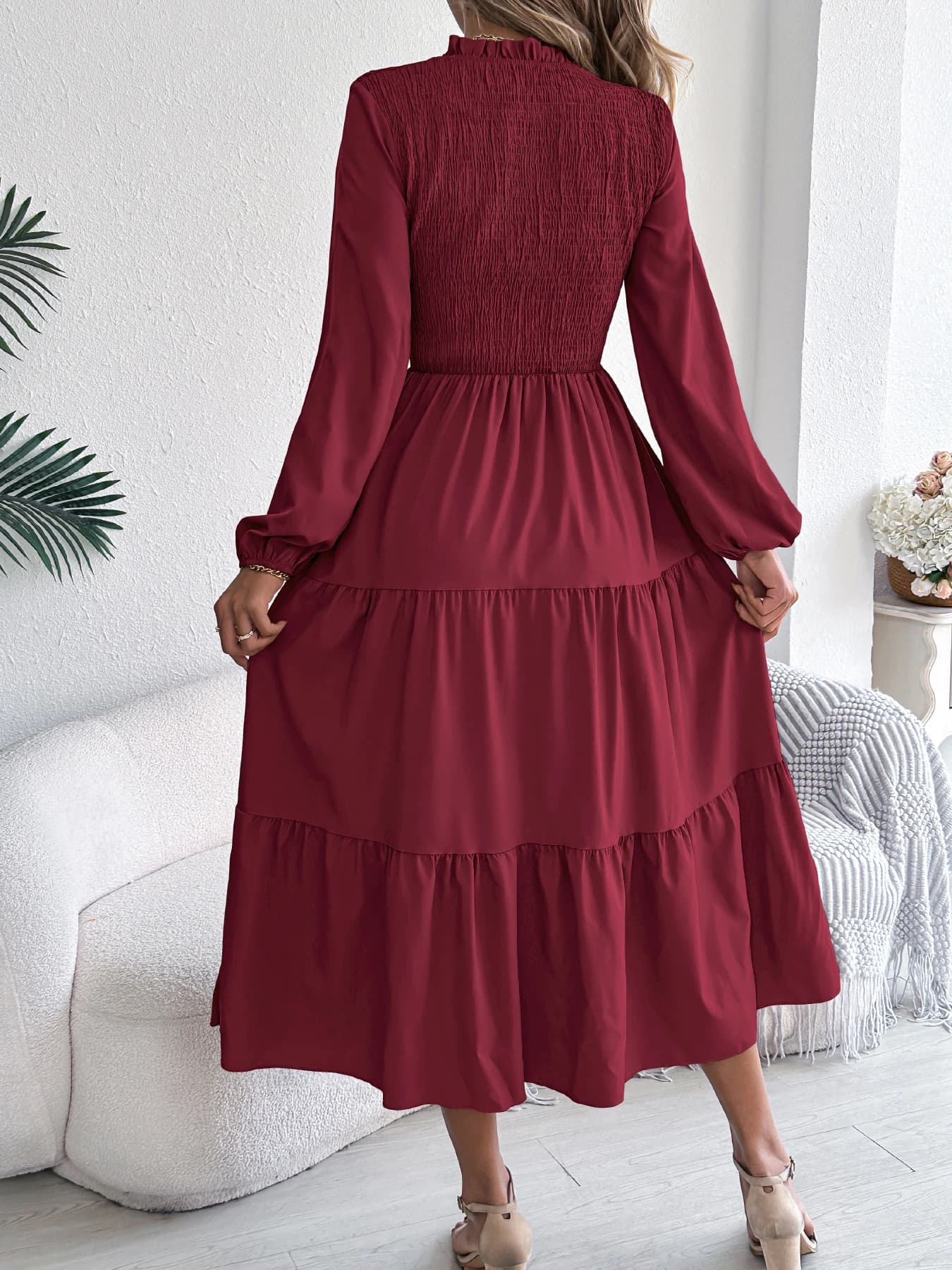 Robe mi-longue à manches longues et col rond pour femmes, couleur unie, vacances de printemps, taille à volants