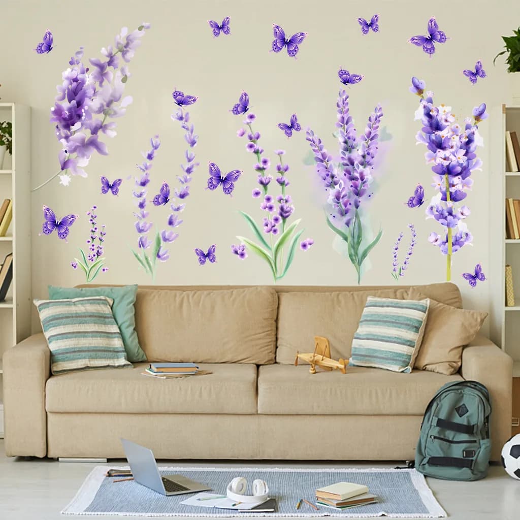 Autocollant mural papillon fleur violet lavande, décoration de maison, autocollants imperméables auto-adhésifs, décoration murale pour chambre à coucher et salon