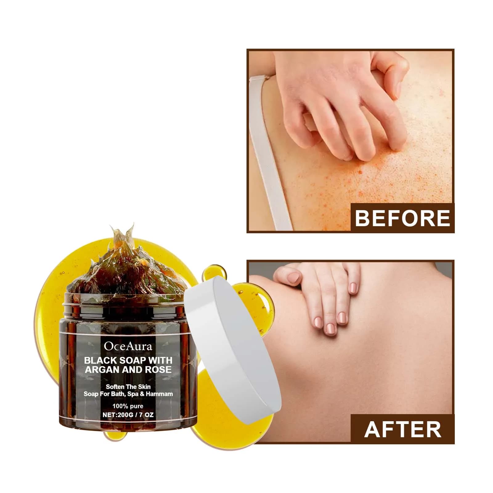 Savon noir OCEAURA à l'argan et à la rose, savon noir Beldi, idéal pour éliminer les peaux mortes, gommage corporel, purification, nettoyage en profondeur, 200g