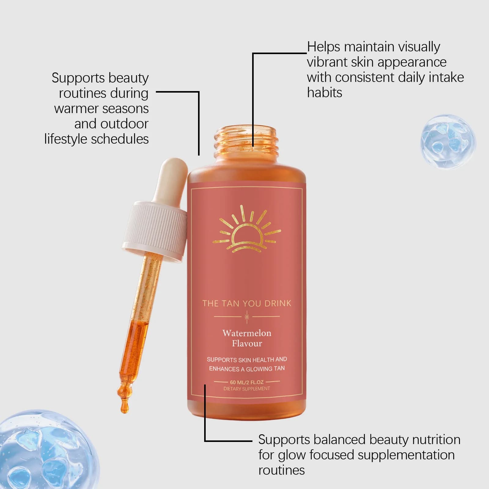 Gouttes autobronzantes buvables saveur pastèque pour booster la mélanine et obtenir un éclat bronzé naturel - Complément de bronzage