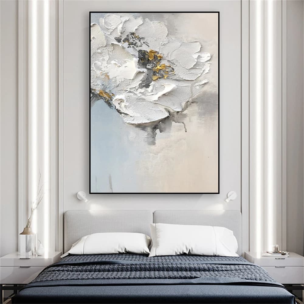 Affiche de peinture à l'huile de fleurs blanches abstraites, art mural texturé floral moderne, impressions de peinture sur toile, décoration de salon à la maison