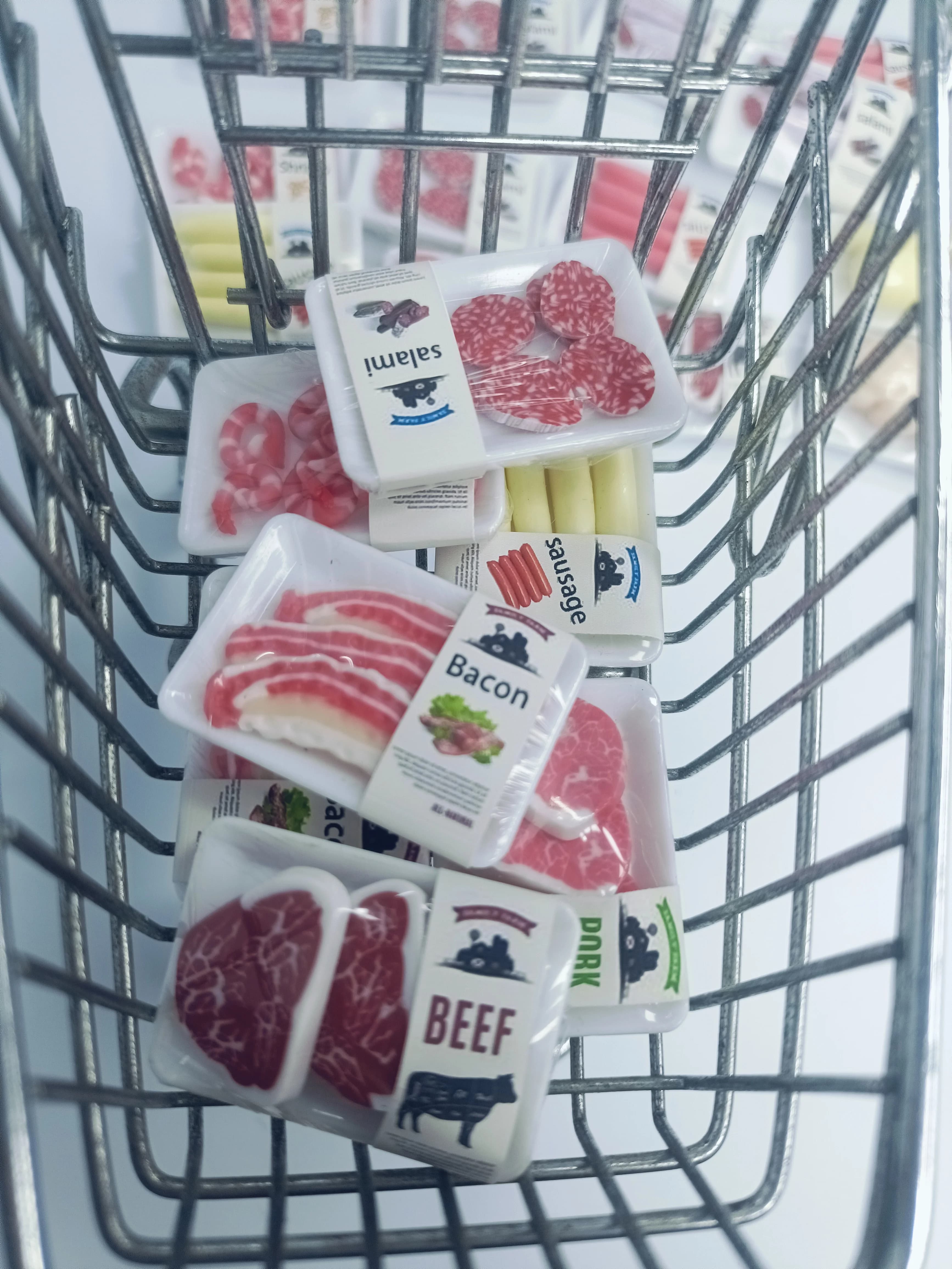 Nouveau 1 boîte 1/12 maison de poupée Miniature supermarché simulation alimentaire steak de bœuf saumon Bacon poulet