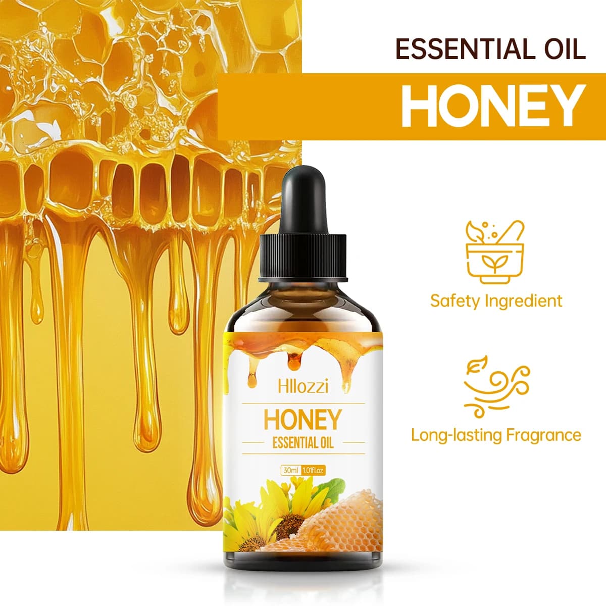 Huile essentielle de miel, hypoallergénique, idéale pour les soins de la peau, le massage, le visage, le corps, les ongles et les cheveux, adaptée à tous types de peau.
