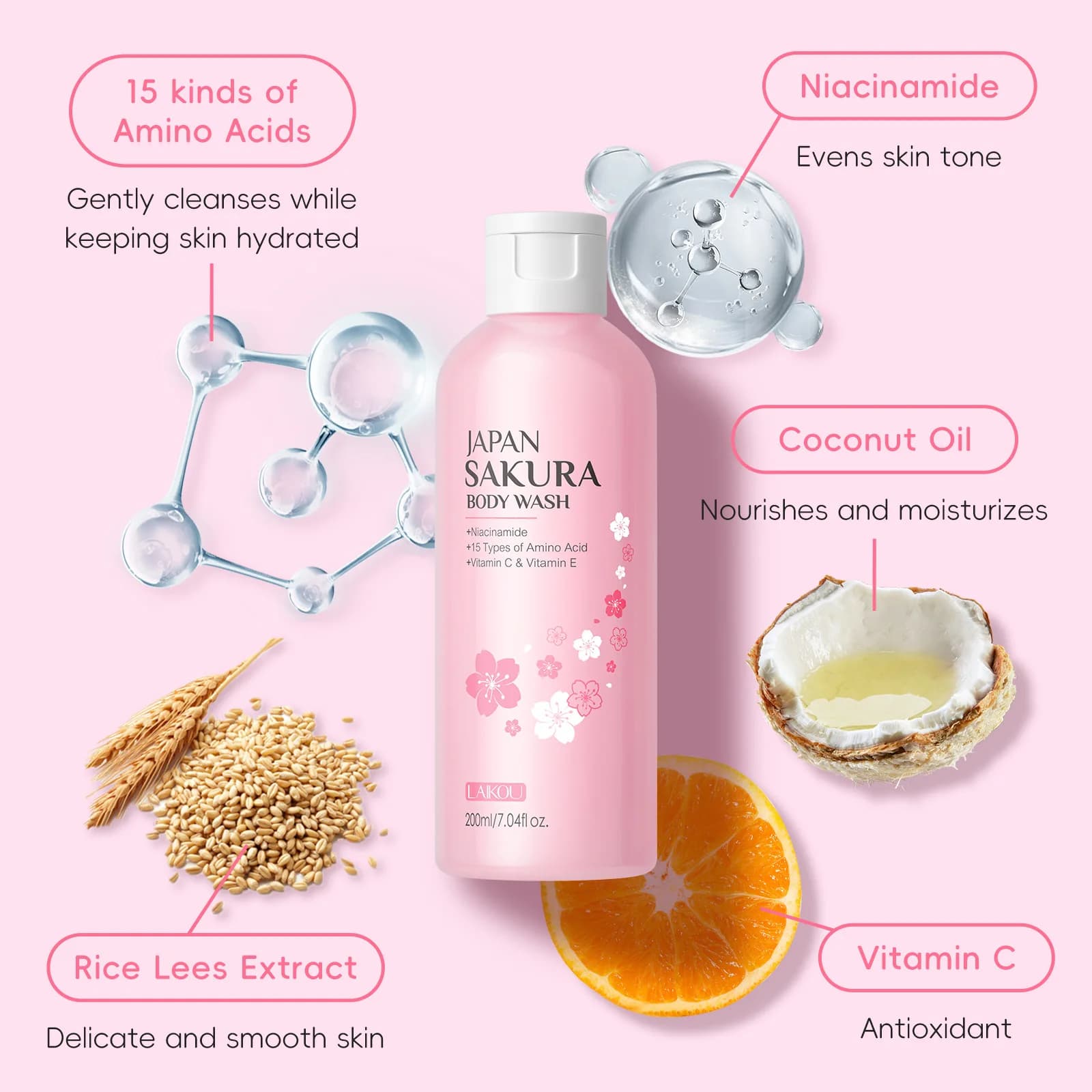 Gel douche LAIKOU Sakura, hydratation longue durée, parfum longue durée, mousse douce, produit de nettoyage corporel, bain, 100 ml