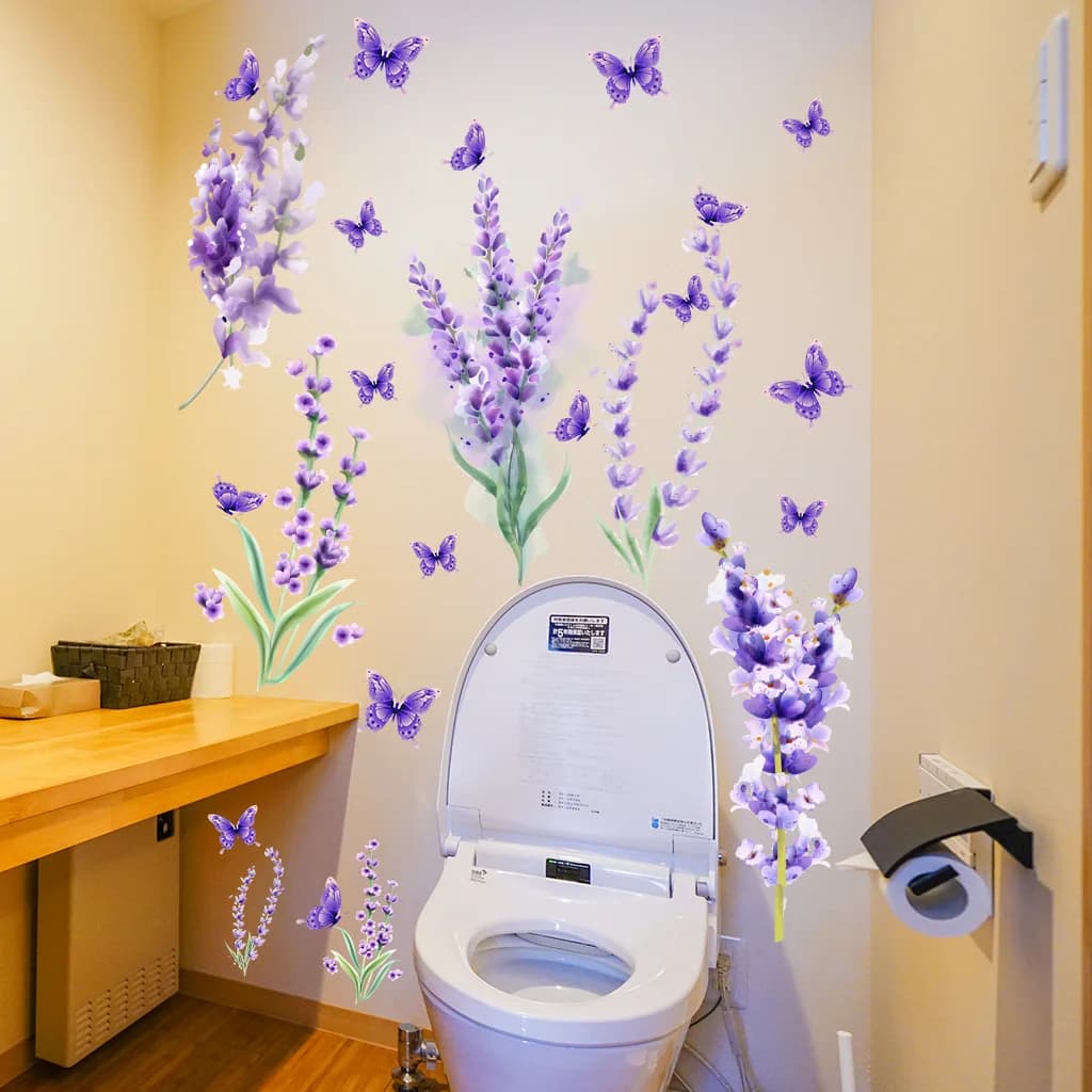 Autocollant mural papillon fleur violet lavande, décoration de maison, autocollants imperméables auto-adhésifs, décoration murale pour chambre à coucher et salon
