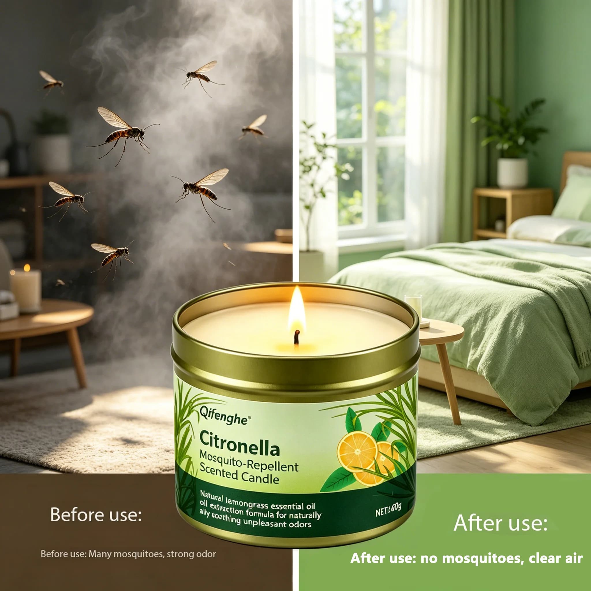 Bougie parfumée anti-moustiques à la citronnelle, huile essentielle de citronnelle naturelle, cire de soja, mèche en coton, sans fumée, anti-insectes, M