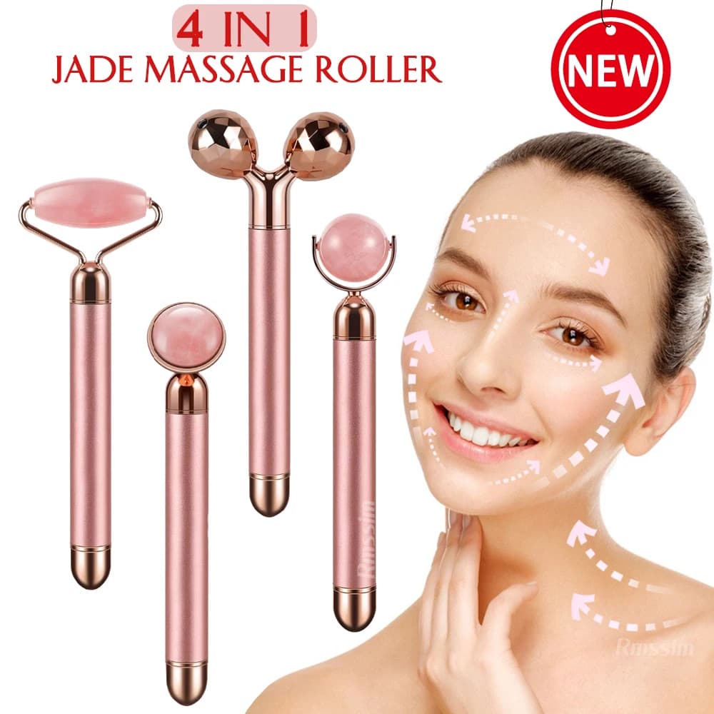 Nouveau masseur électrique vibrant à rouleau de Jade pour minceur Lifting du visage Quartz Rose 3D