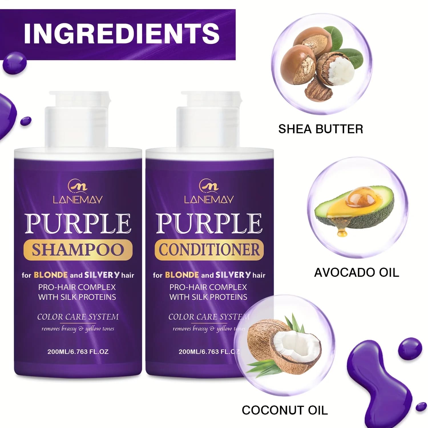 Ensemble shampoing et après-shampooing violet pour cheveux blonds, argentés ou bruns mis en évidence - hydrate et neutralise le ton jaune brassy