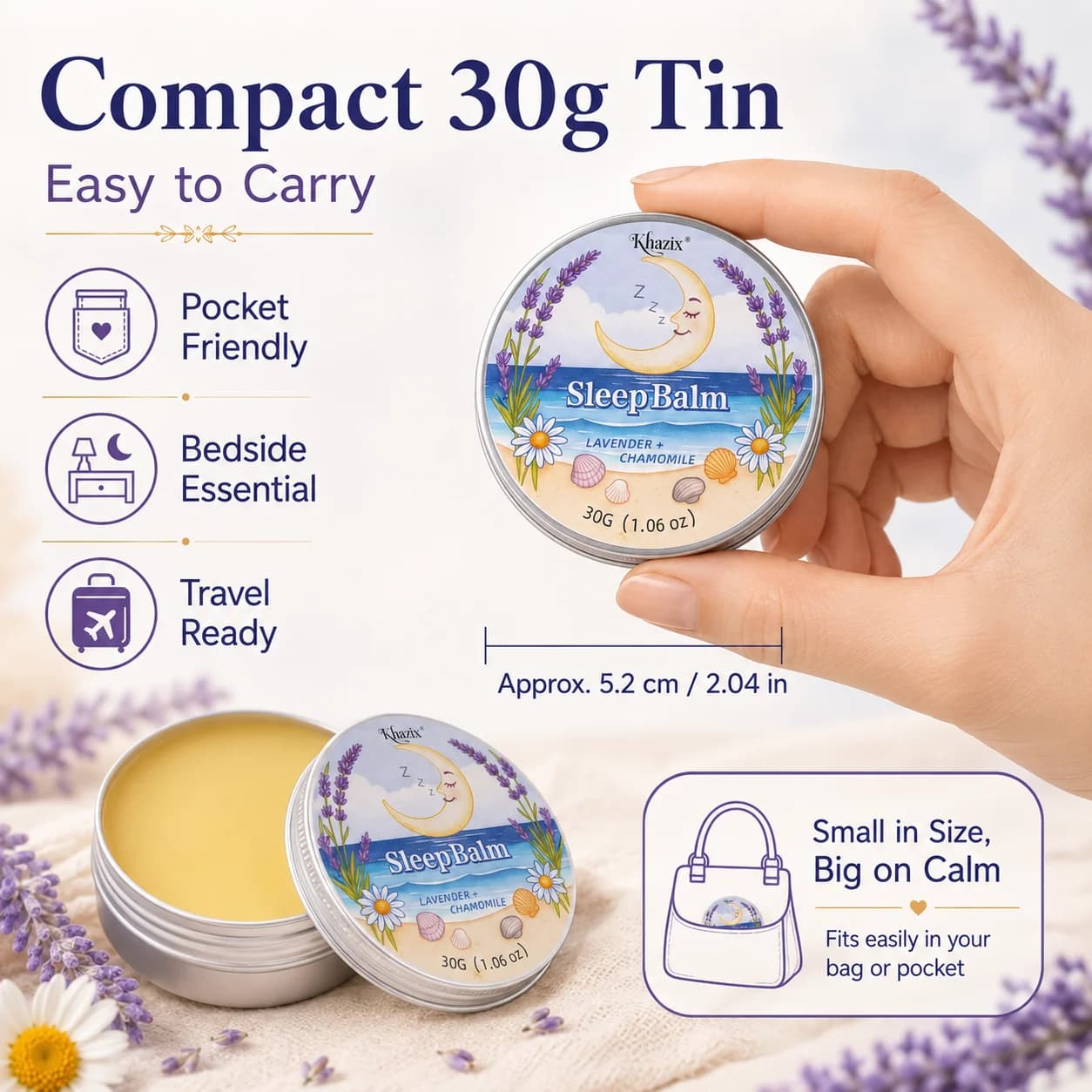 Baume de Nuit Apaisant 30g à la Lavande et à la Camomille – Arôme Relaxant, Doux pour la Peau, Format Voyage pour la Routine du Coucher