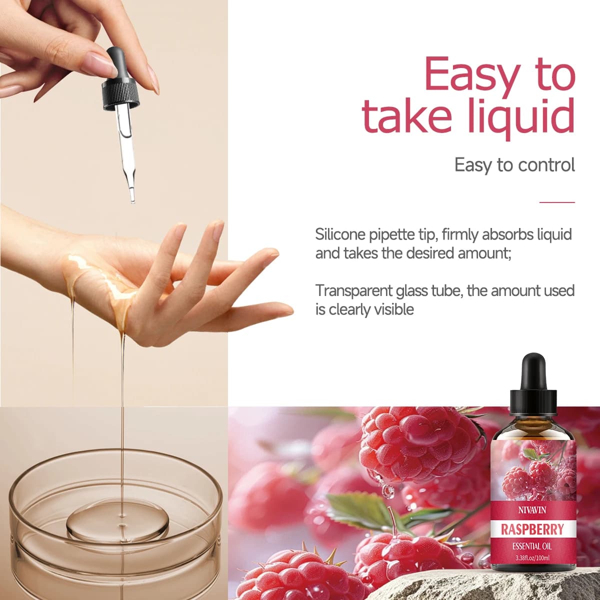 L'huile essentielle de framboise 30 ml/60 ml/100 ml convient à l'hydratation du visage, à l'hydratation, aux soins capillaires, aux soins de la peau et à la fabrication de parfum