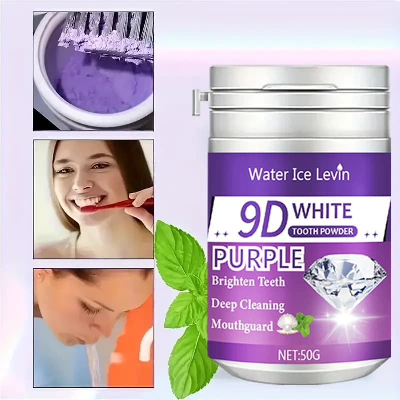 Poudre de dent blanche 9D. Formule éclaircissante violette. Appliquer le pinceau 2-3 minutes au quotidien. Whitens nettoie les dents. Souffle frais.