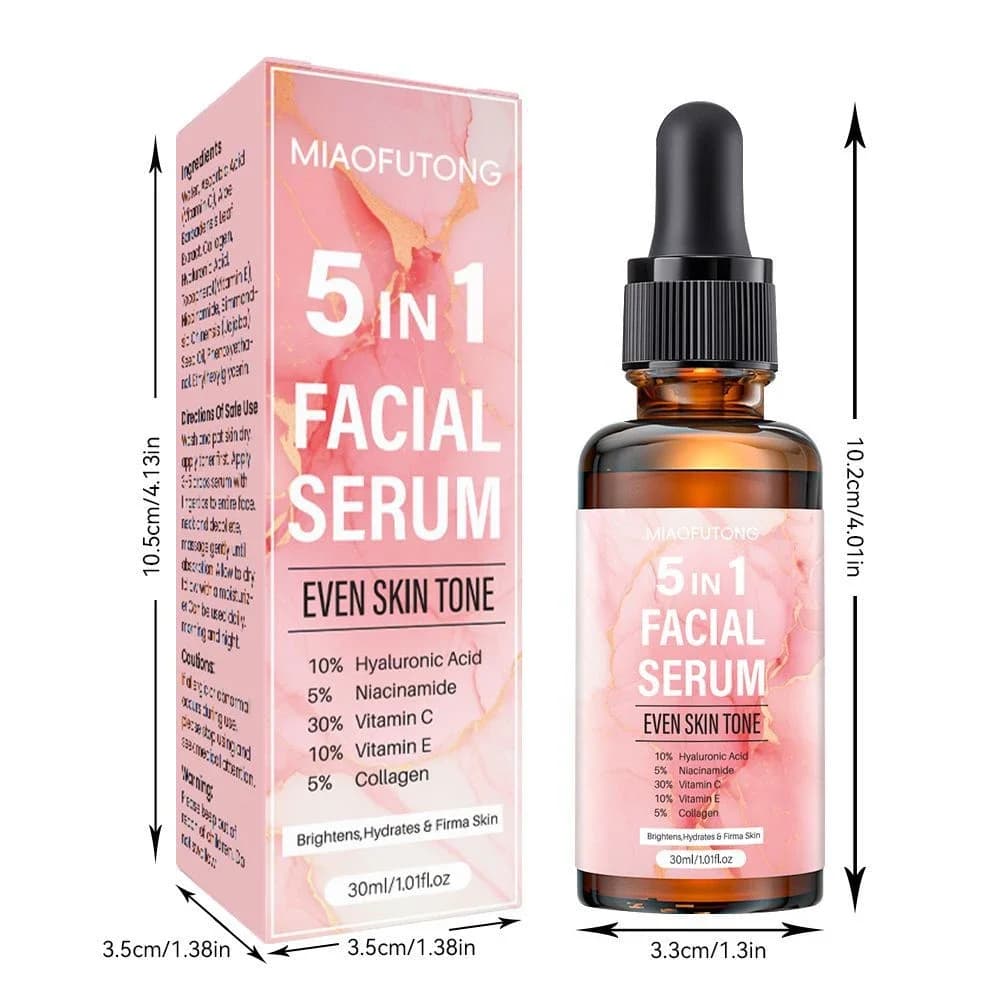 Sérum anti-âge 5 en 1 avec 30% de vitamine C, 10% d'acide hyaluronique, 5% de niacinamide pour éclaircir et hydrater tous les types de peau