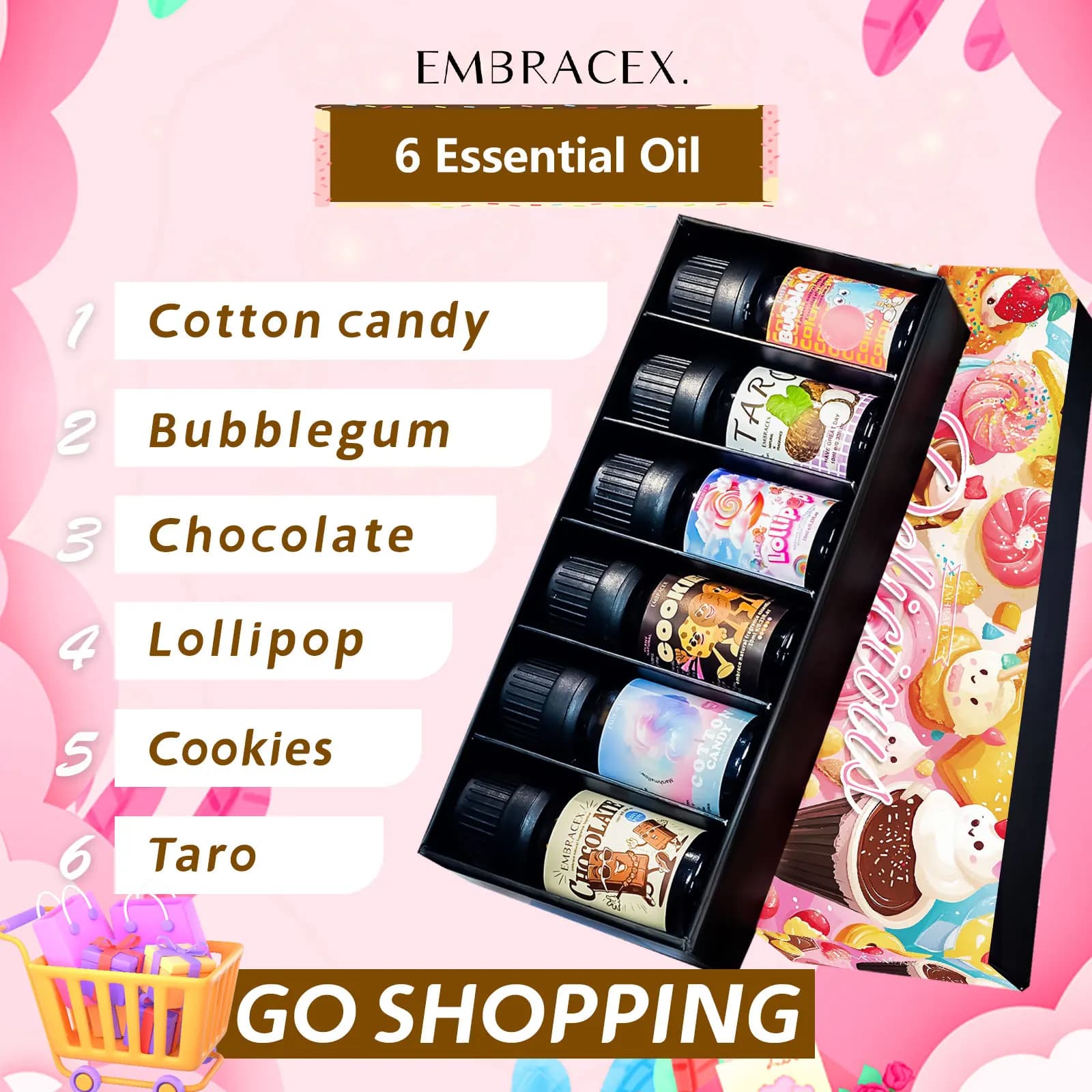 6PC/1PC 10ML Huiles Essentielles Délicieuses pour Soins de la Peau Femme, Parfums Chocolat, Biscuits, Sucette, Taro, Barbe à Papa, Chewing-gum, Cadeau Sucré
